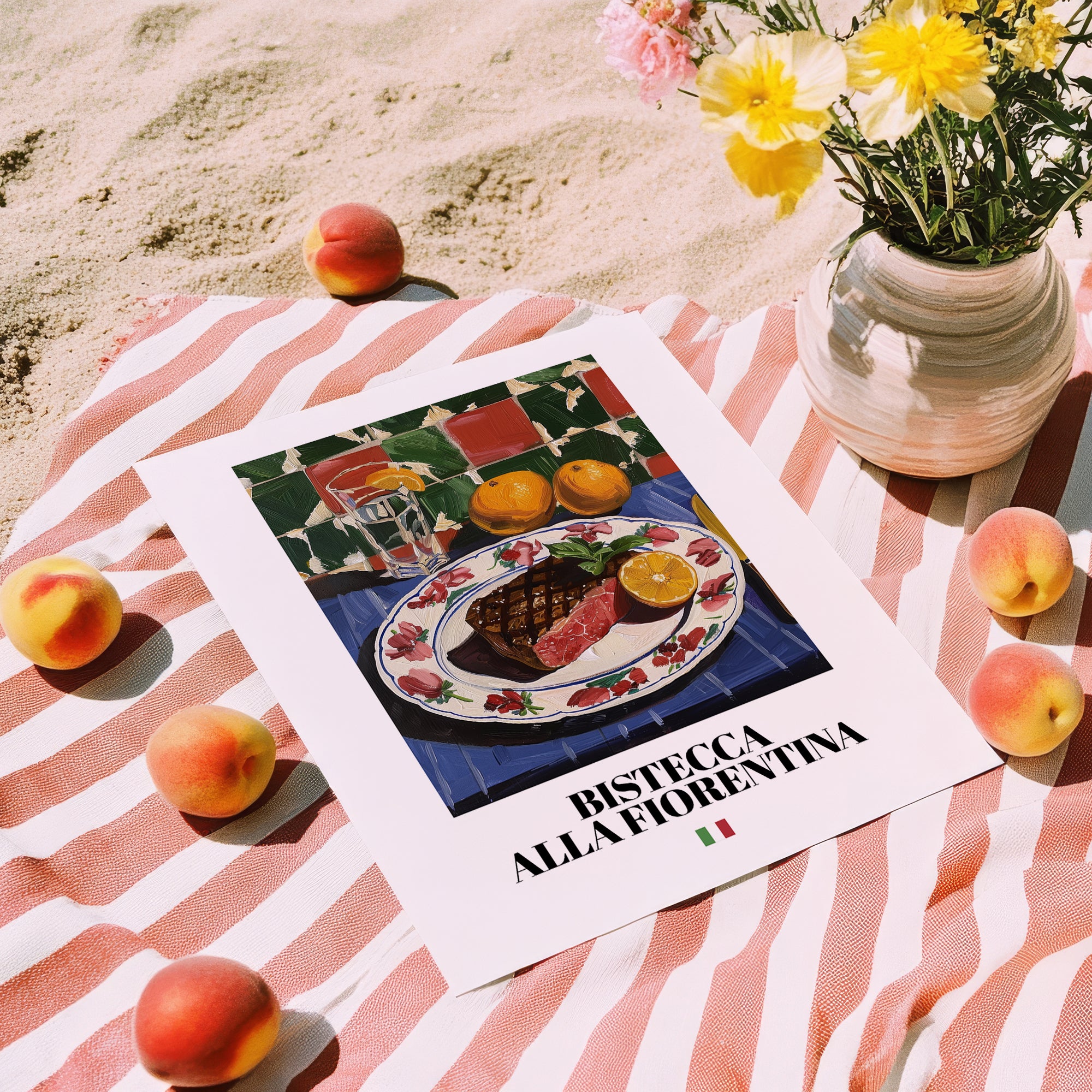Bistecca alla Fiorentina – Italian Meat Dish, Café Poster, unframed on coastal sand