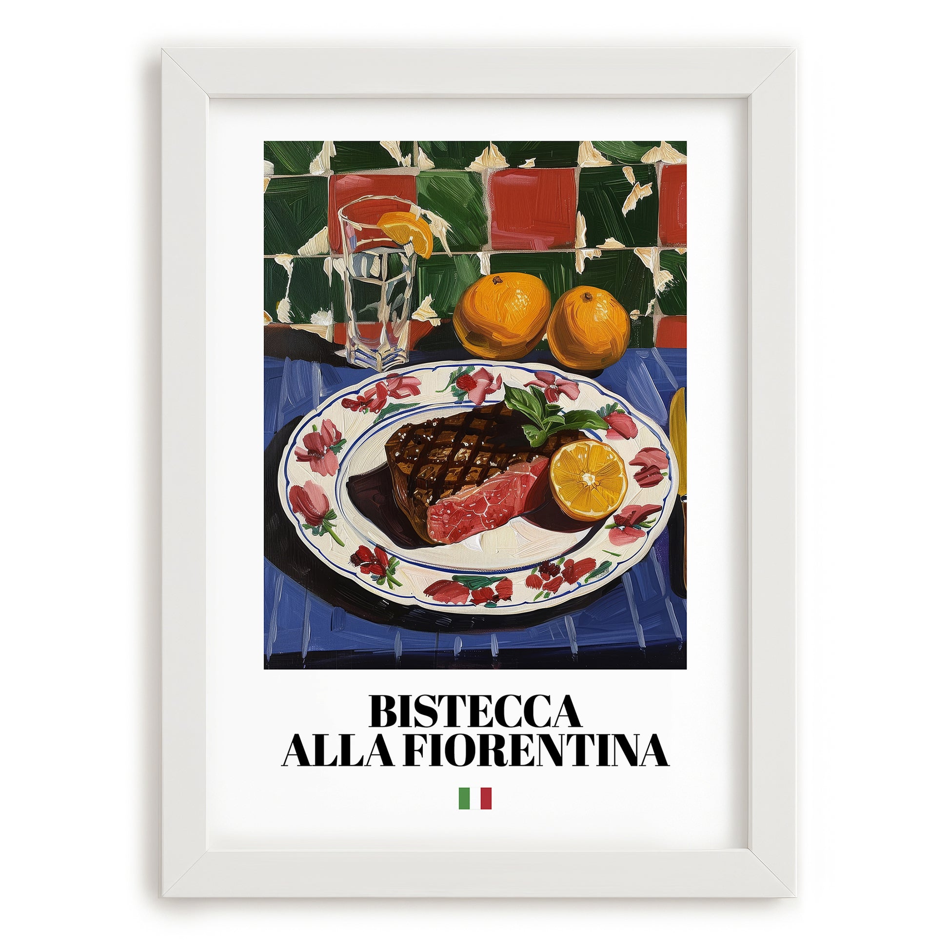Bistecca alla Fiorentina – Italian Meat Dish, Café Poster, placed in minimal white frame