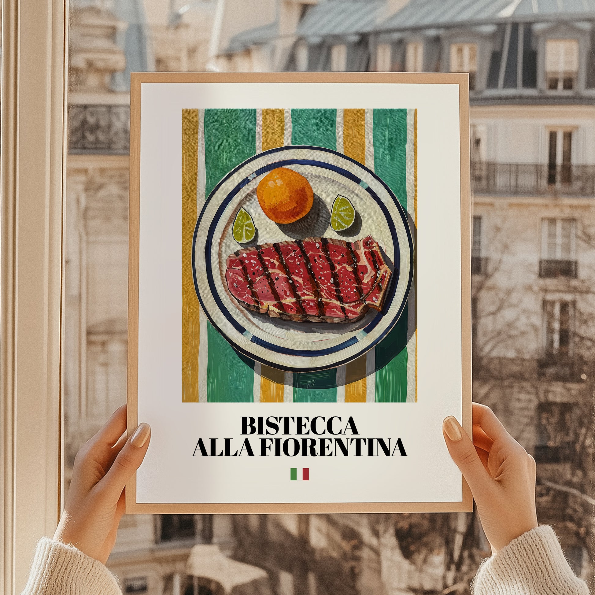 Bistecca alla Fiorentina – Italian Meat Dish, Tavern Poster, styled in a charming Paris street view