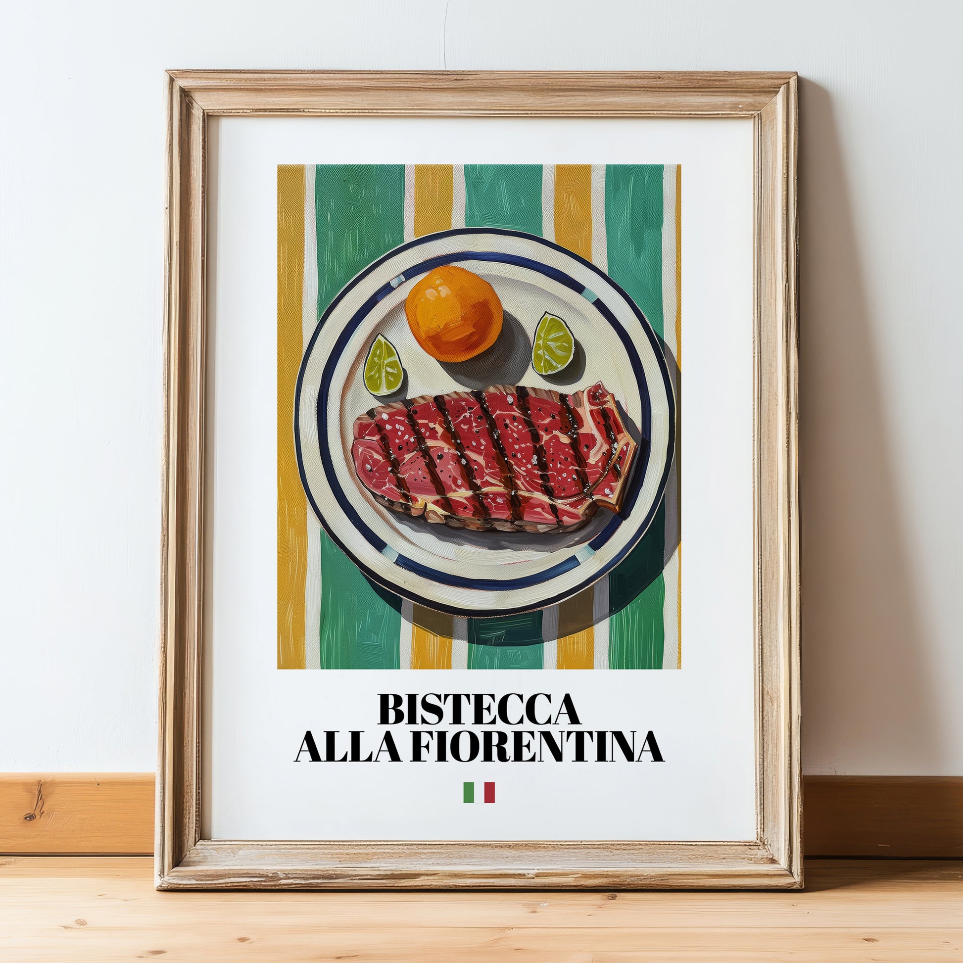 Bistecca alla Fiorentina – Italian Meat Dish, Tavern Poster, in wooden frame leaning on the floor