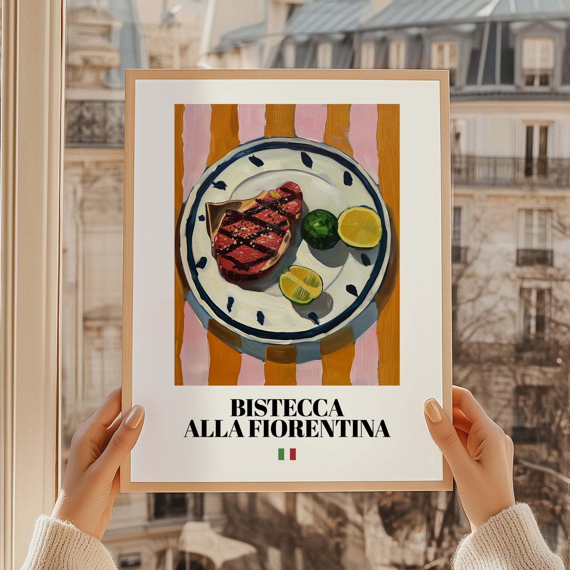 Bistecca alla Fiorentina – Italian Meat Dish, Tavern Print, styled in a charming Paris street view