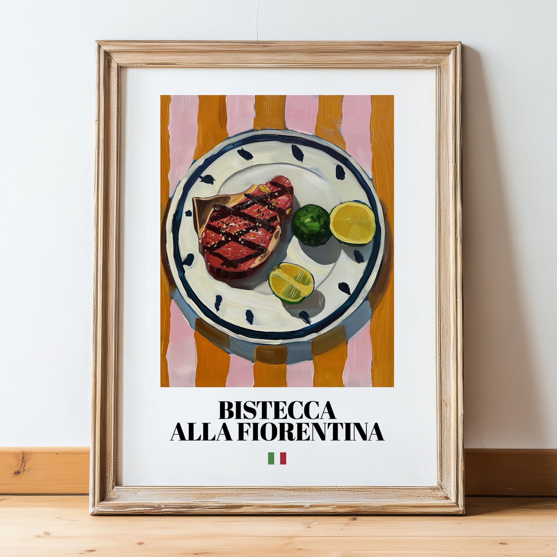Bistecca alla Fiorentina – Italian Meat Dish, Tavern Print, in wooden frame leaning on the floor