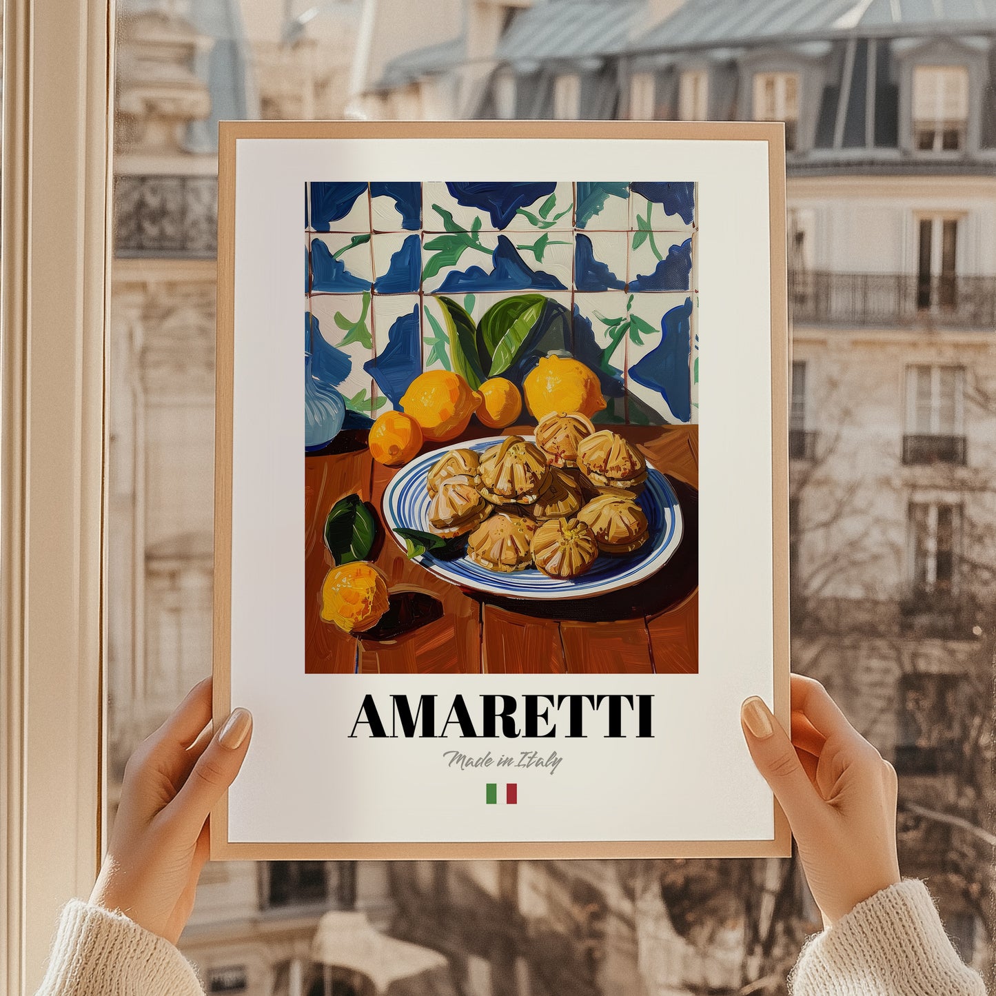 Amaretti – Italian Biscuits Dish, Café Poster, styled in a charming Paris street view