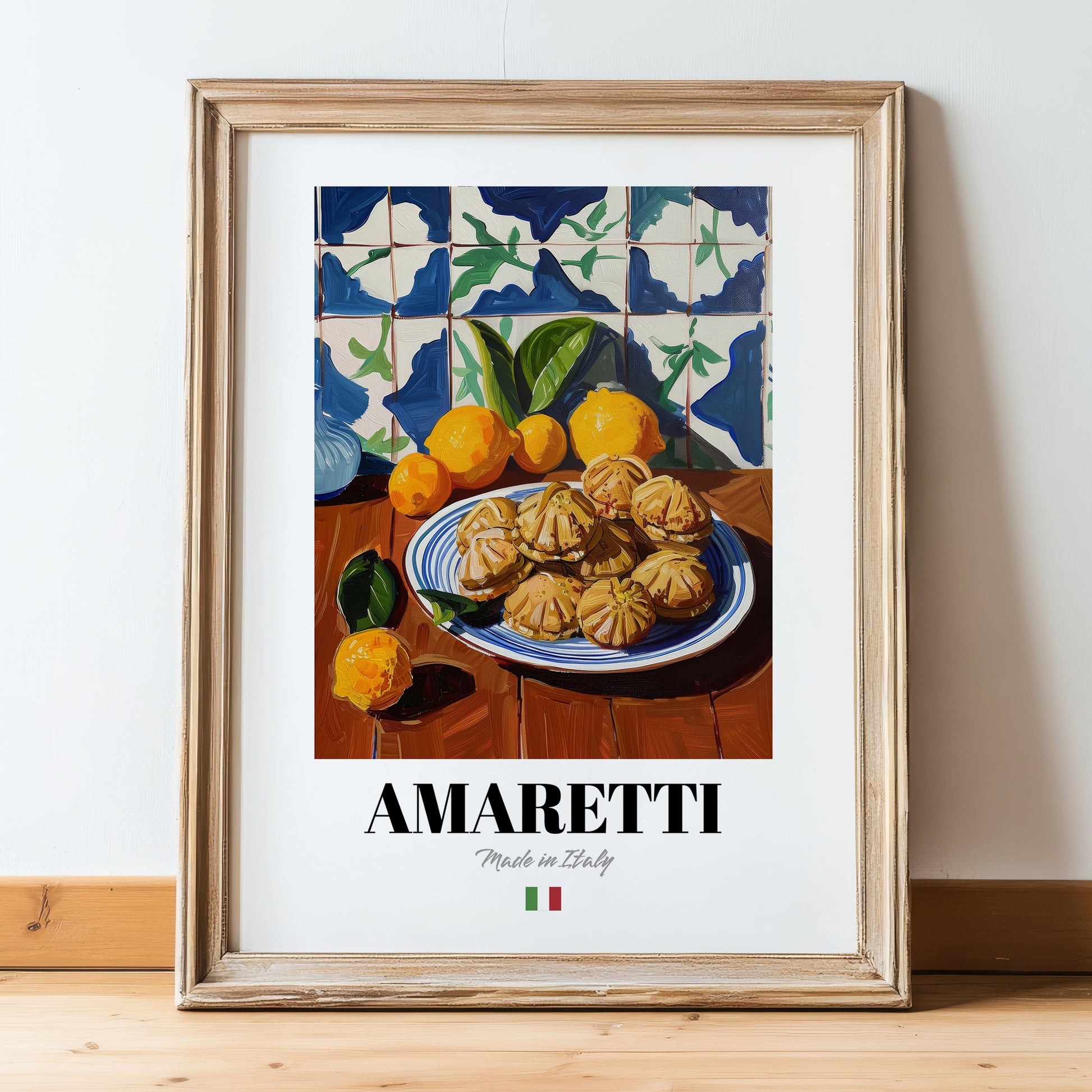 Amaretti – Italian Biscuits Dish, Café Poster, in wooden frame leaning on the floor