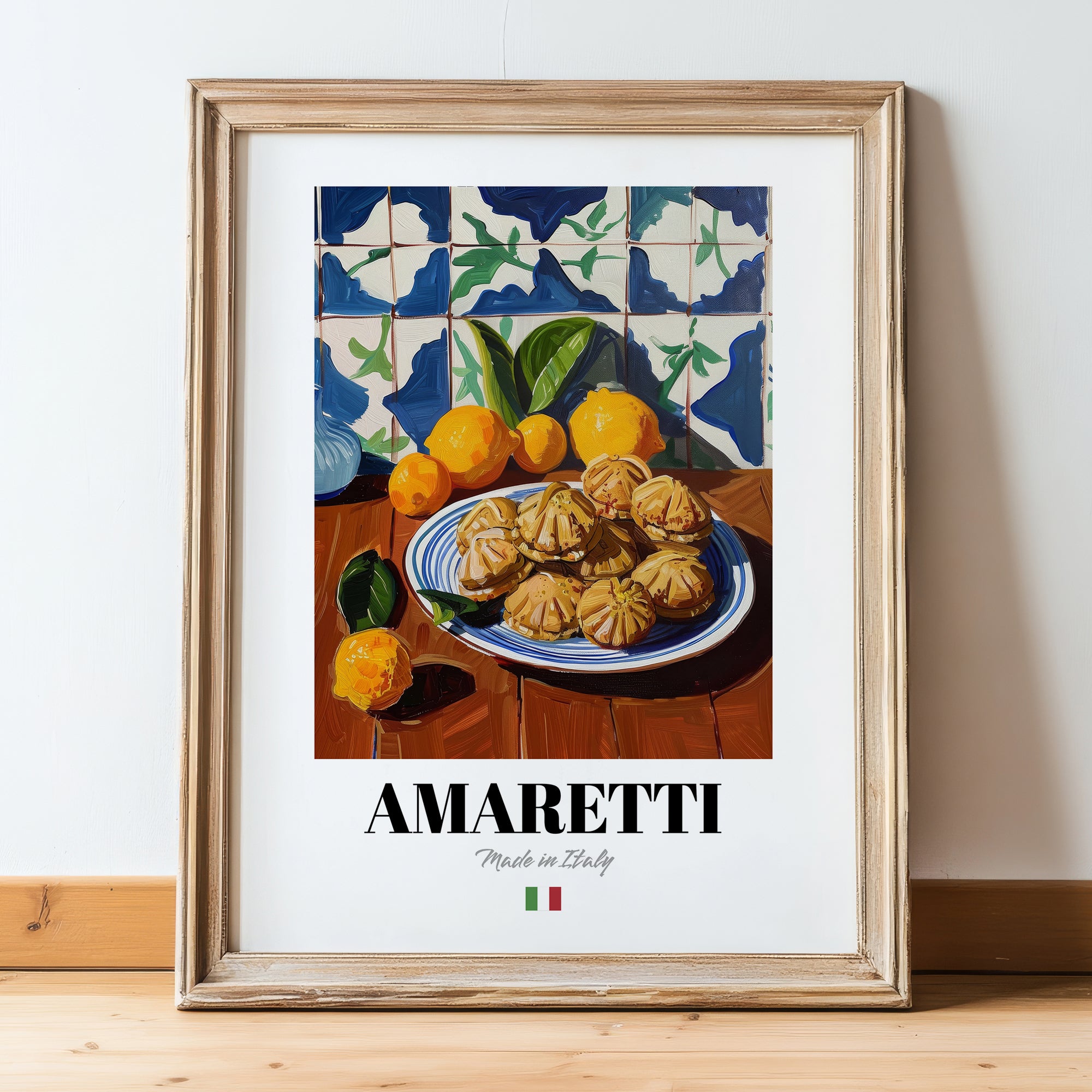 Amaretti – Italian Biscuits Dish, Café Poster, in wooden frame leaning on the floor