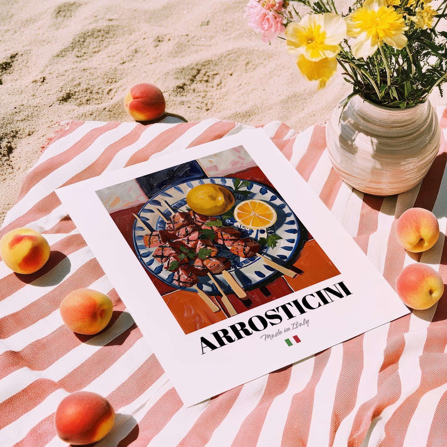 Arrosticini – Italian Meat Dish, Brasserie Print, unframed on coastal sand