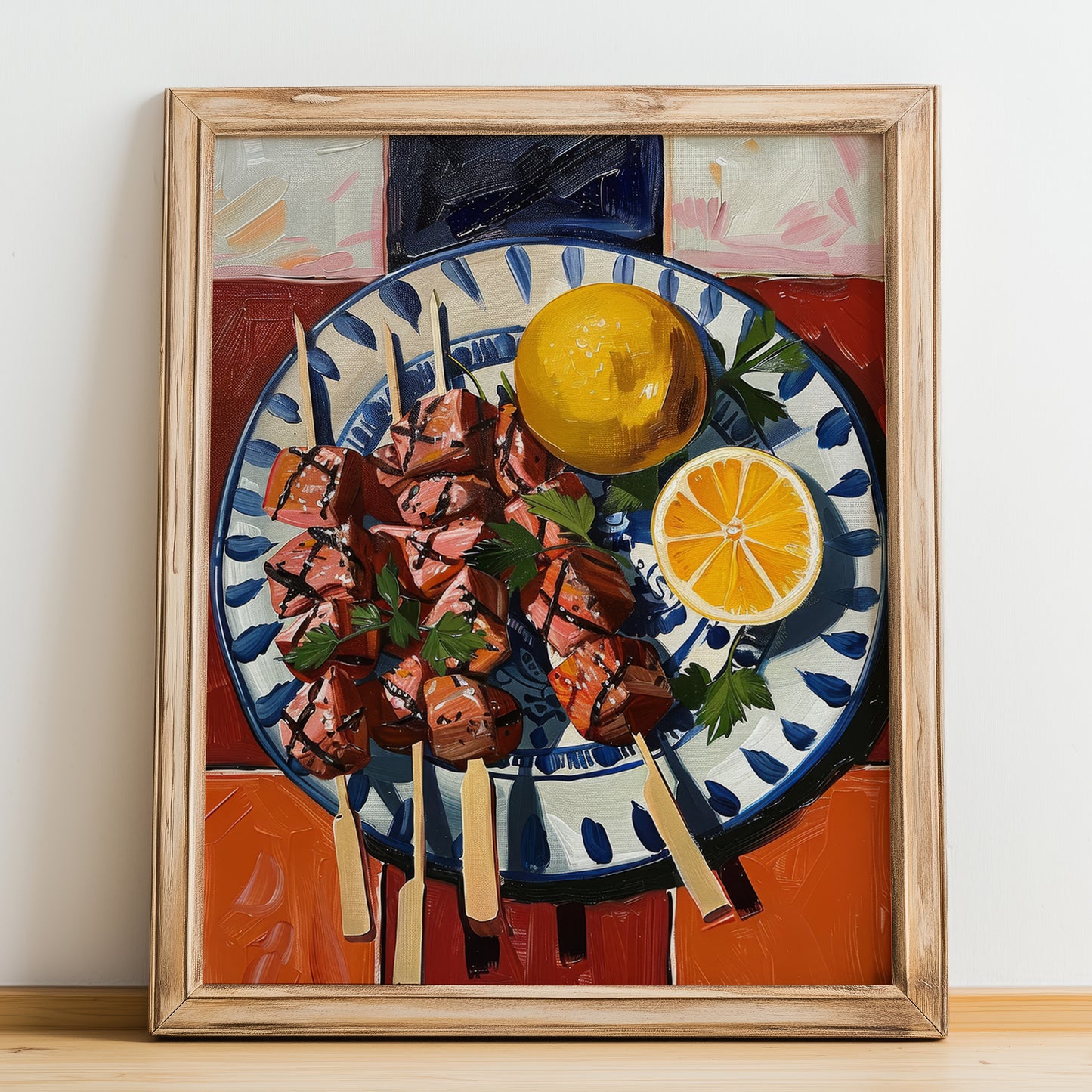Arrosticini – Italian Meat Dish, Brasserie Print, no-text version framed in wood