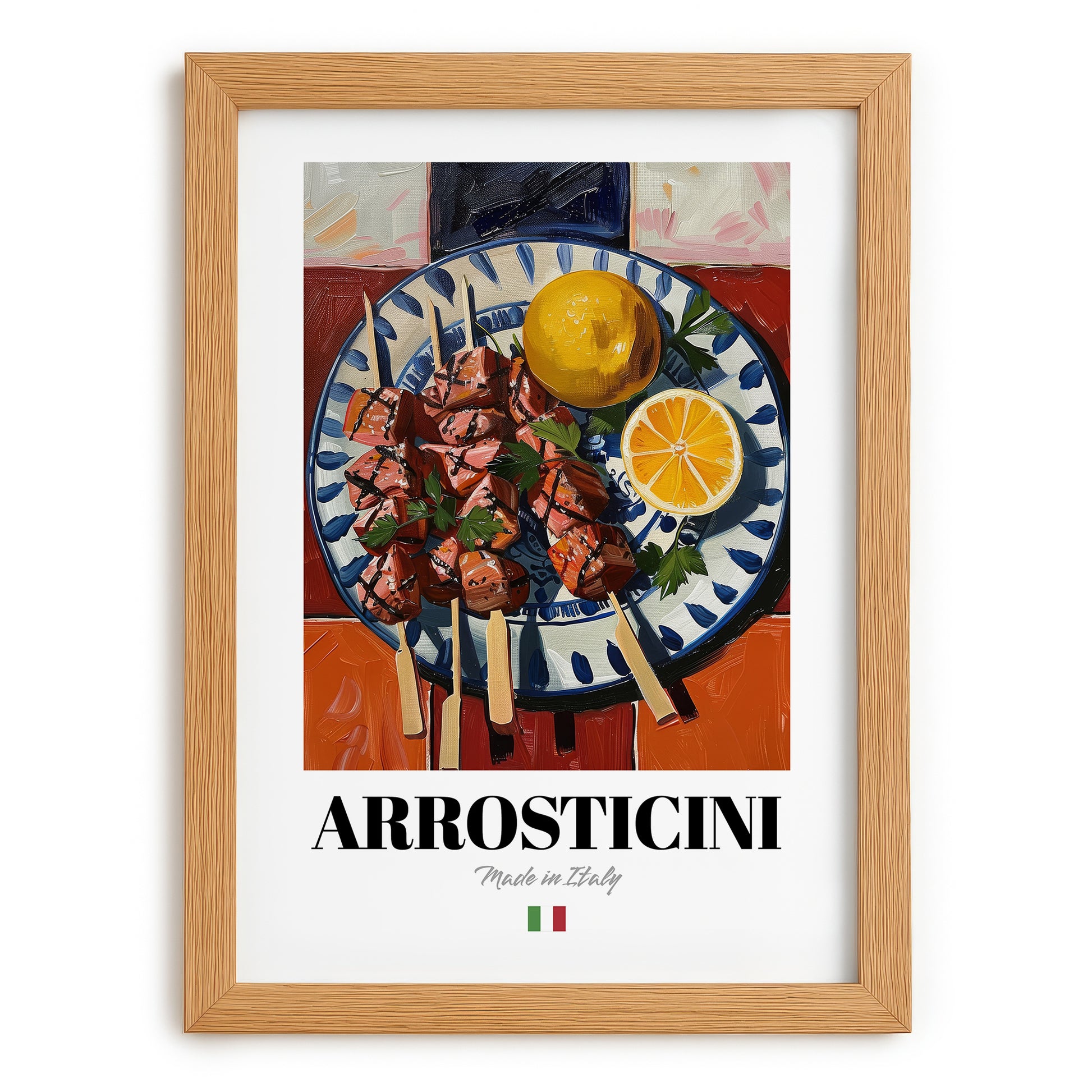 Arrosticini – Italian Meat Dish, Brasserie Print, set in oak frame