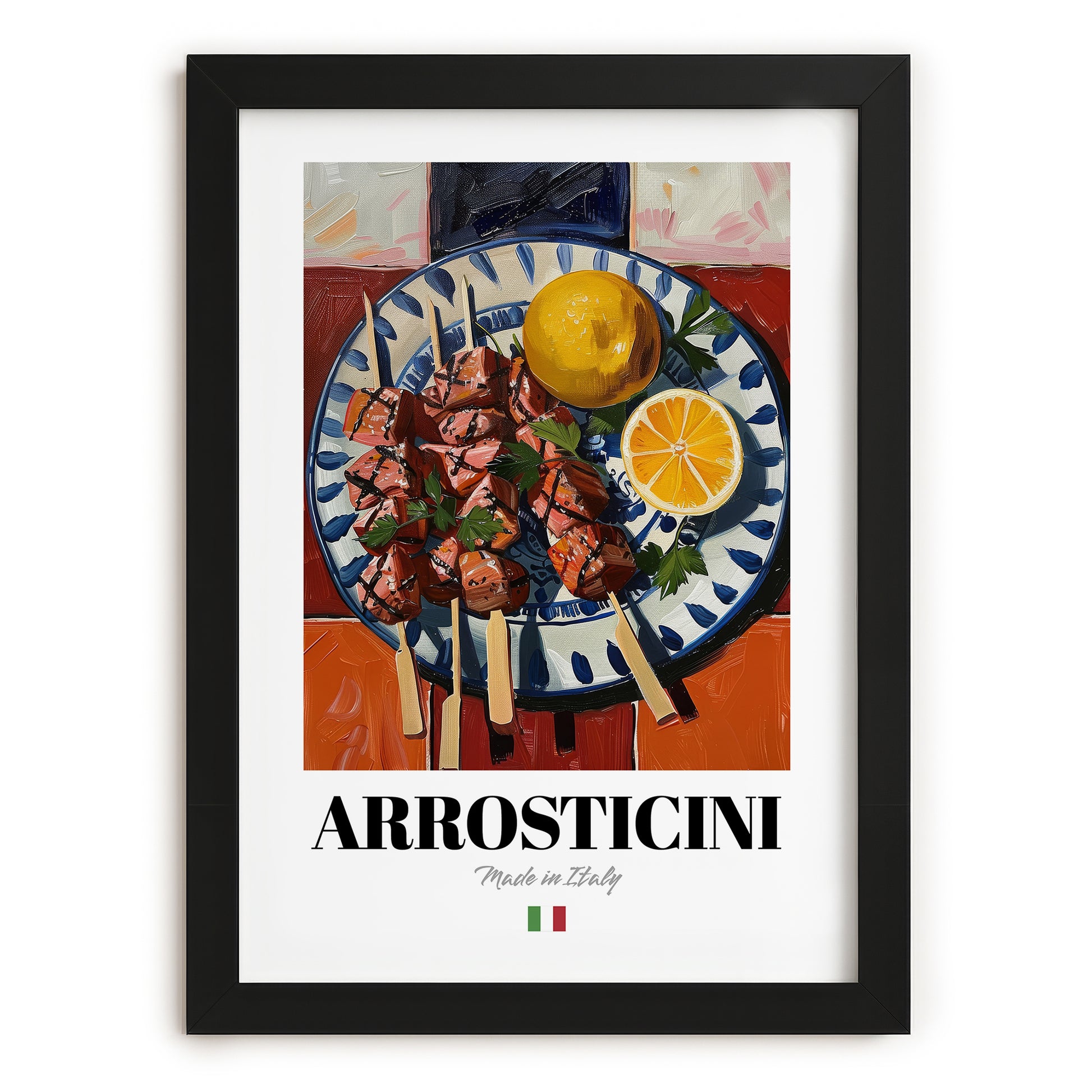 Arrosticini – Italian Meat Dish, Brasserie Print, in sleek black frame