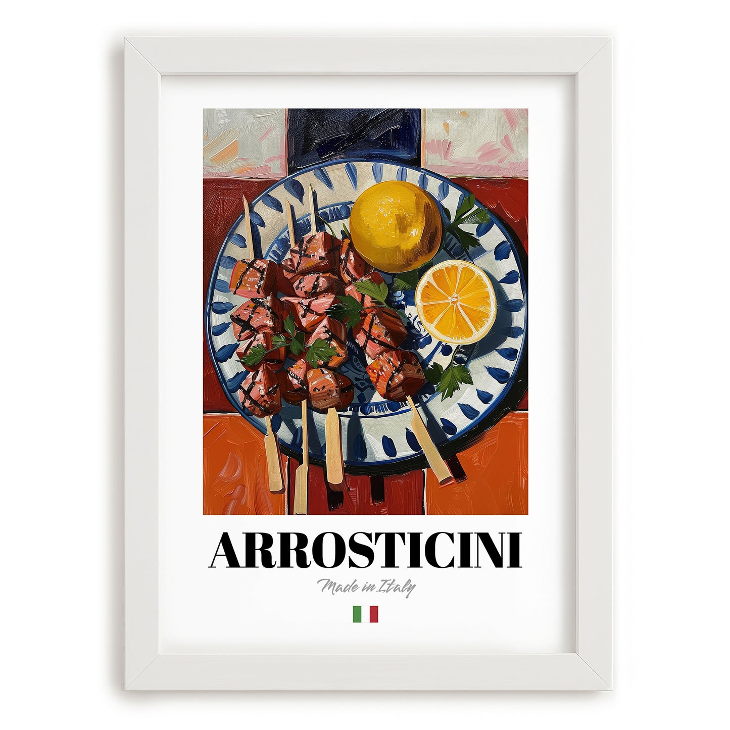 Arrosticini – Italian Meat Dish, Brasserie Print, placed in minimal white frame