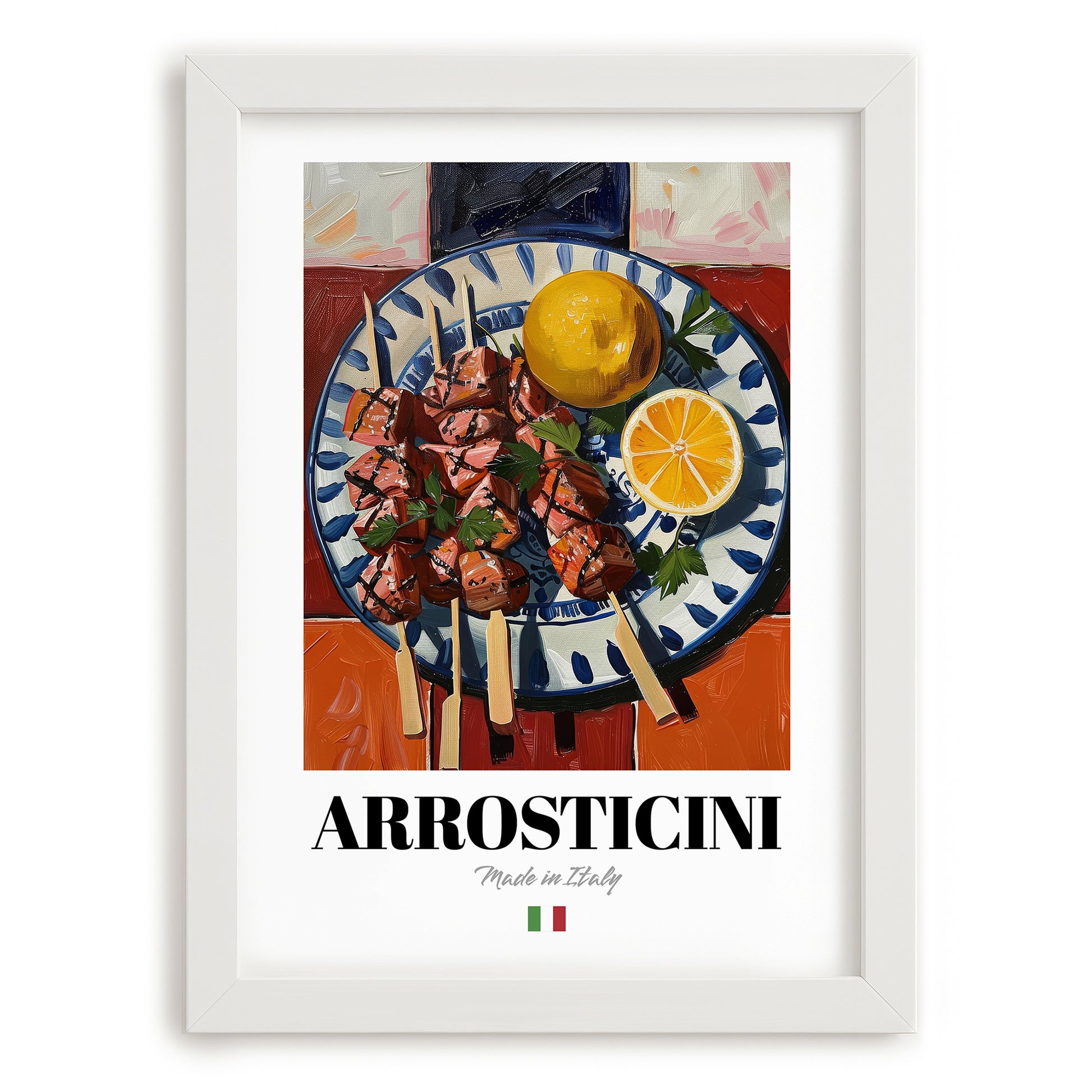 Arrosticini – Italian Meat Dish, Brasserie Print, placed in minimal white frame