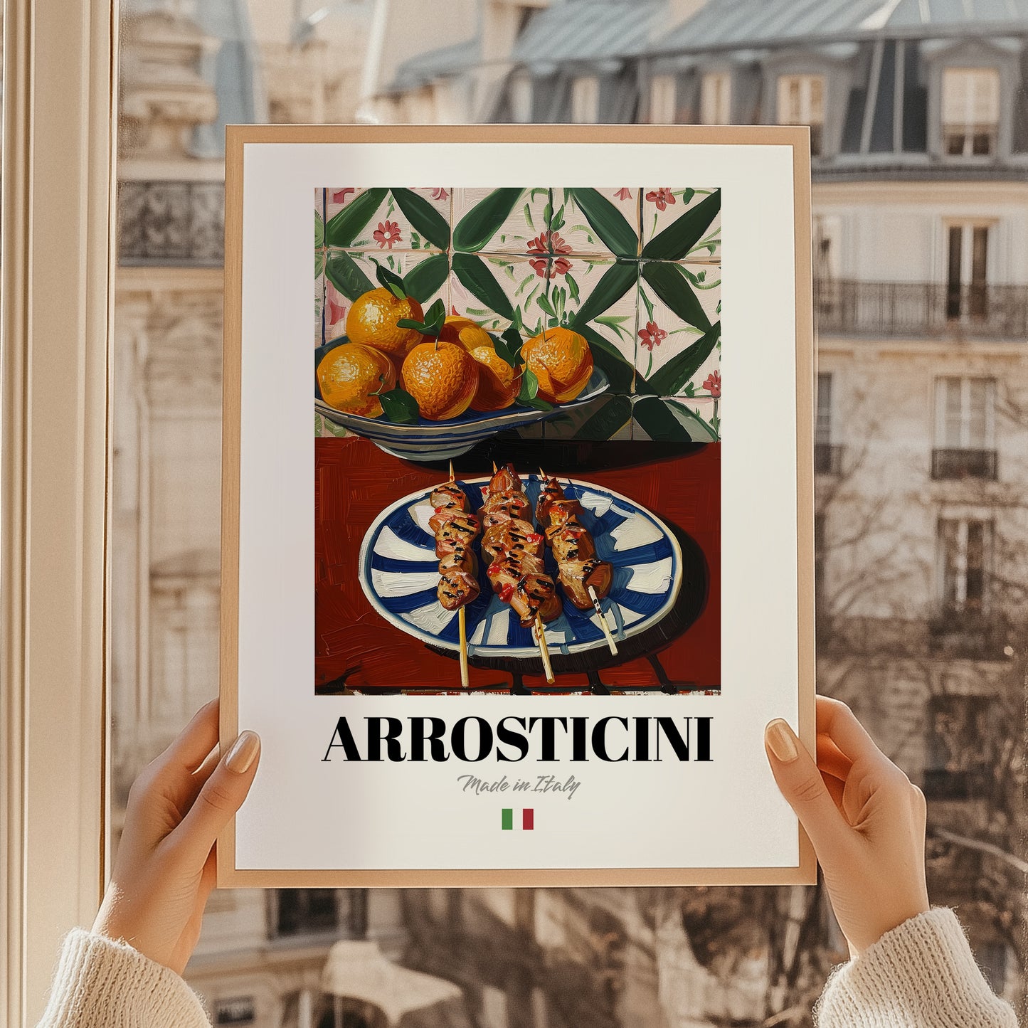Arrosticini – Italian Meat Dish, Tavern Illustration, styled in a charming Paris street view