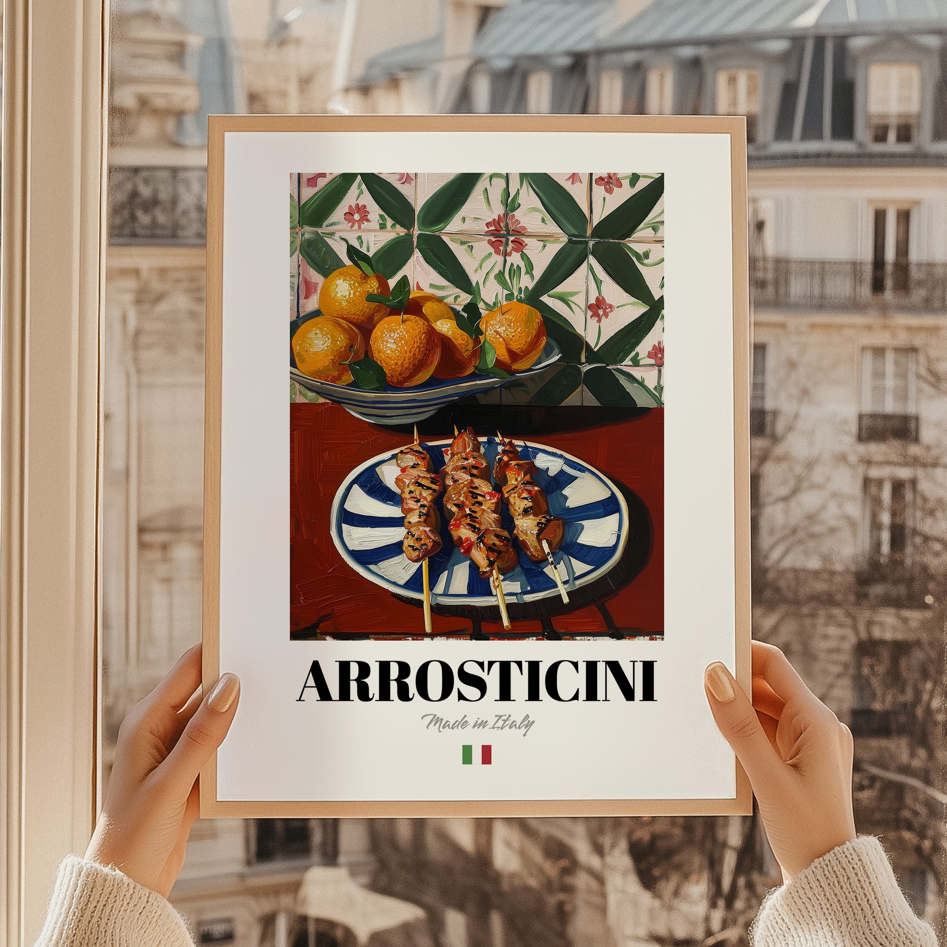 Arrosticini – Italian Meat Dish, Tavern Illustration, styled in a charming Paris street view