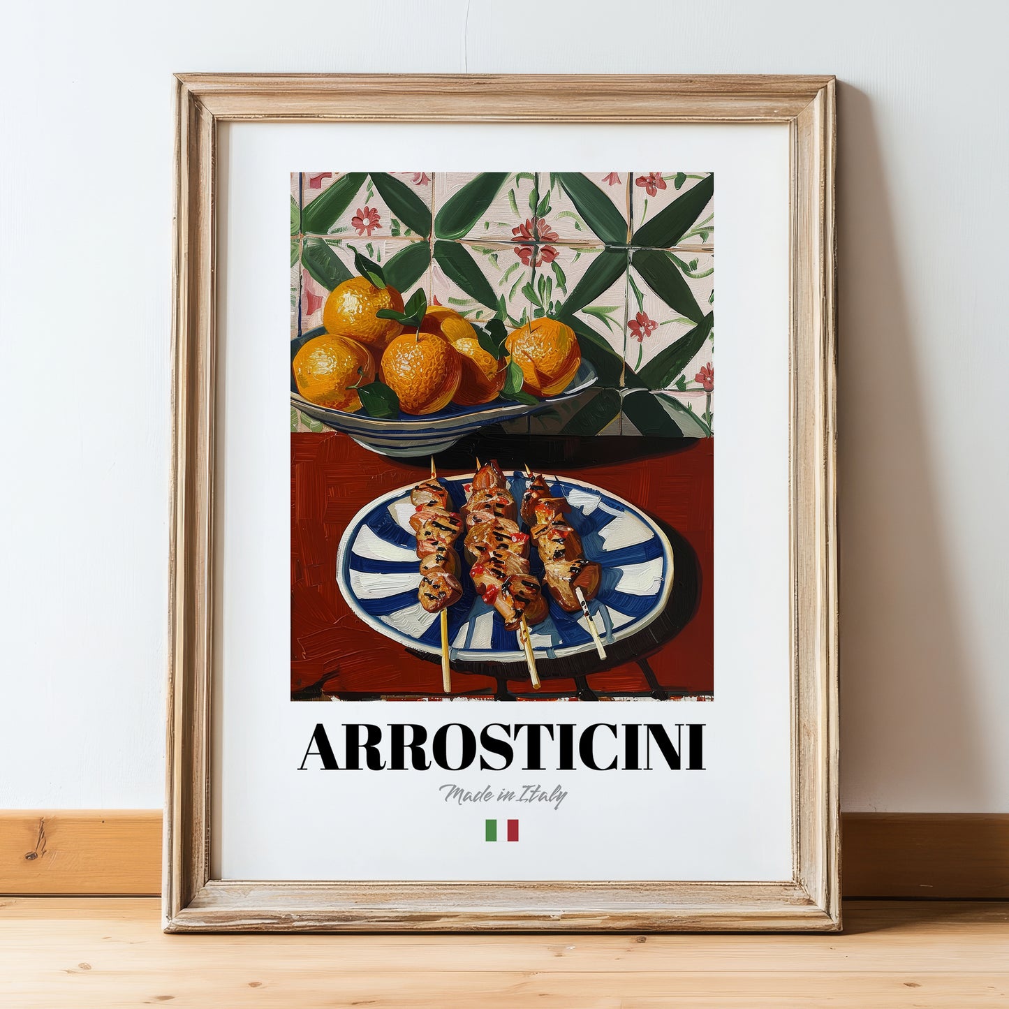 Arrosticini – Italian Meat Dish, Tavern Illustration, in wooden frame leaning on the floor