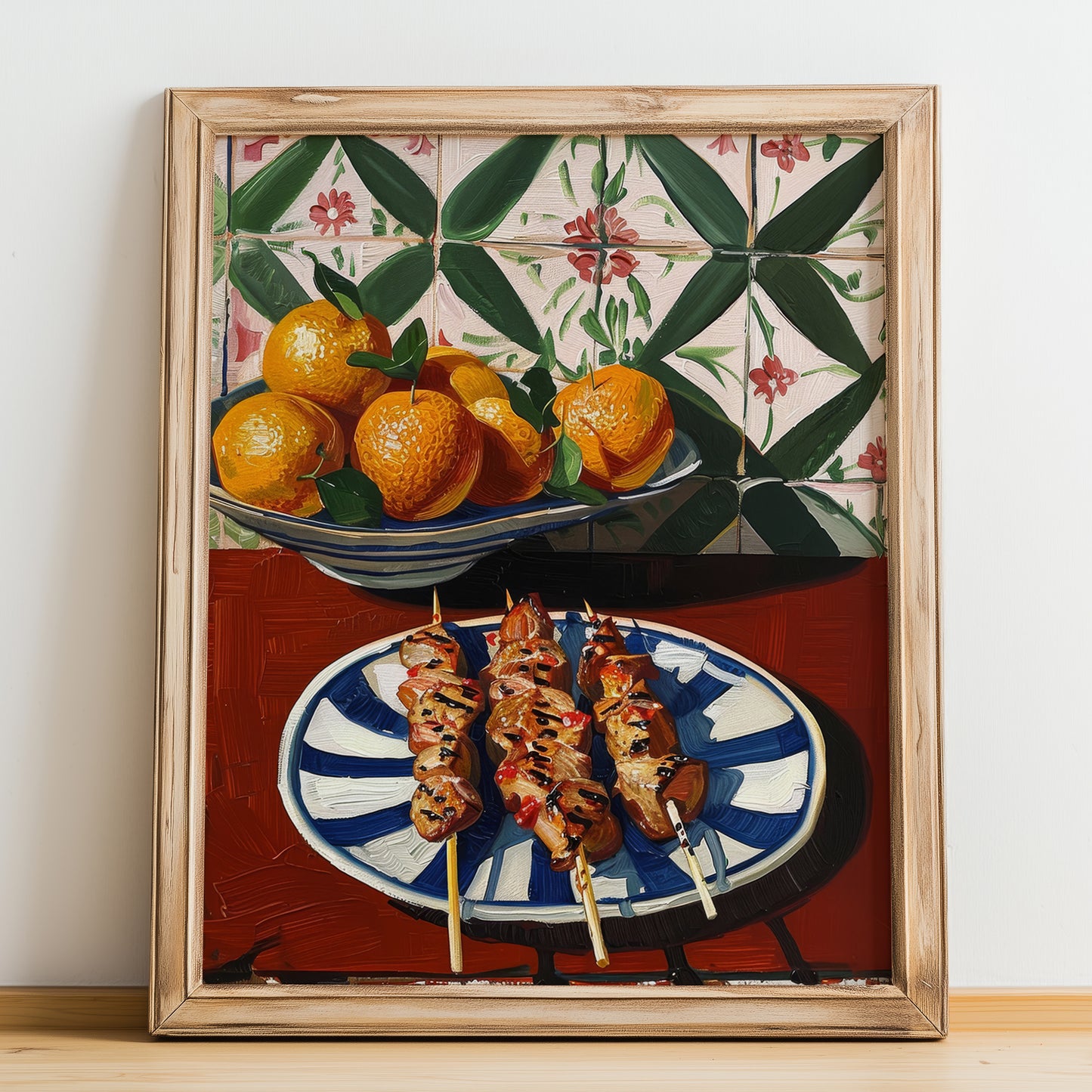 Arrosticini – Italian Meat Dish, Tavern Illustration, no-text version framed in wood