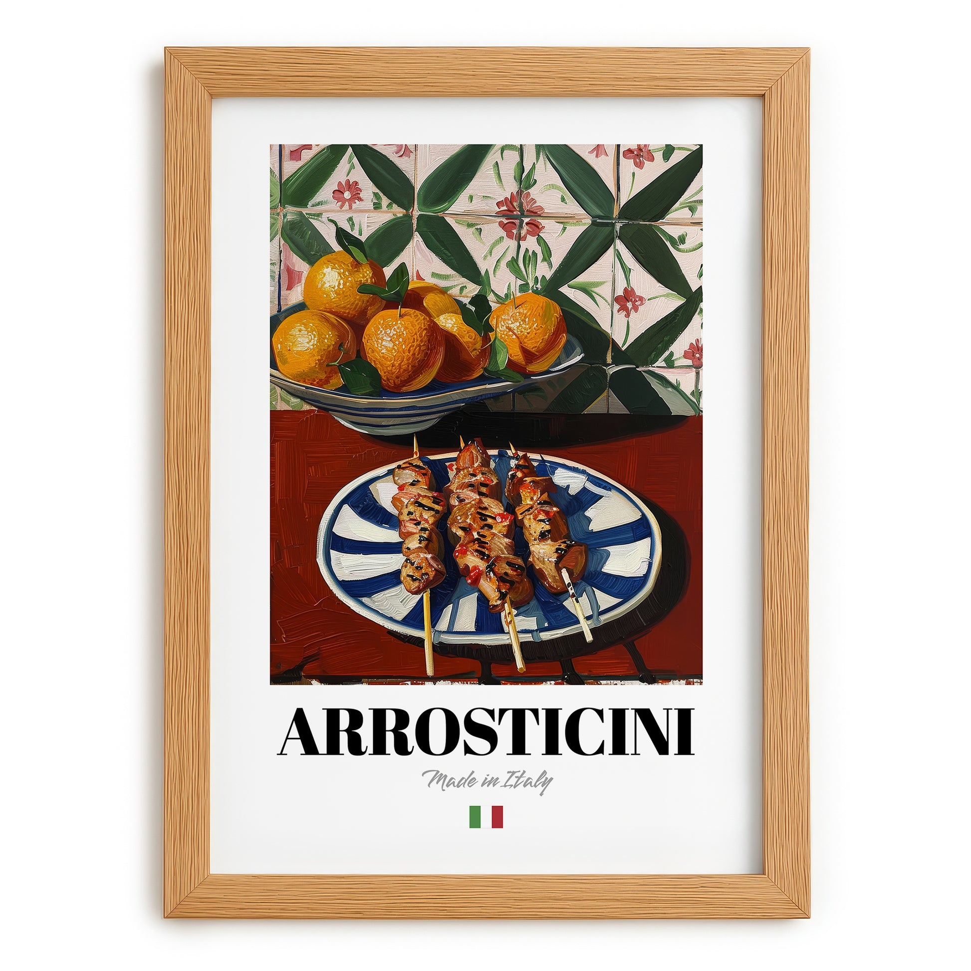 Arrosticini – Italian Meat Dish, Tavern Illustration, set in oak frame