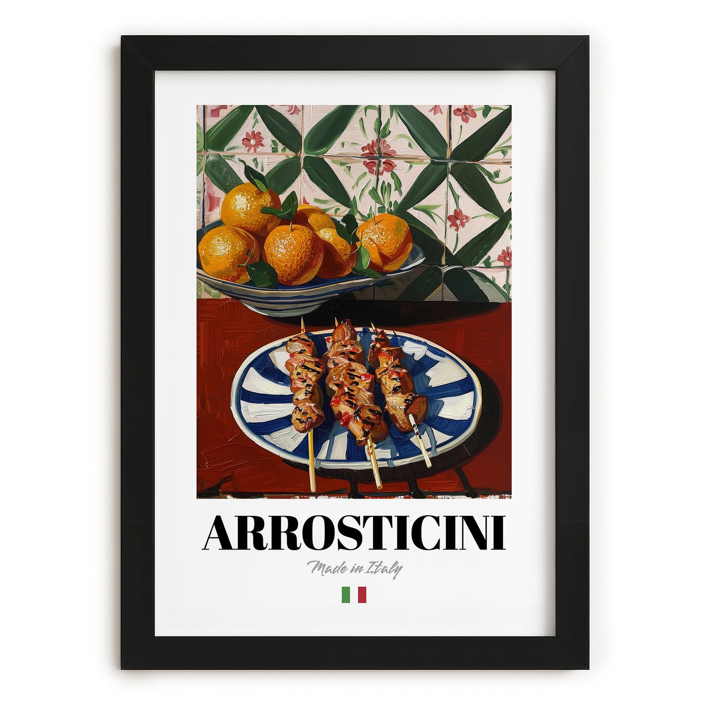 Arrosticini – Italian Meat Dish, Tavern Illustration, in sleek black frame