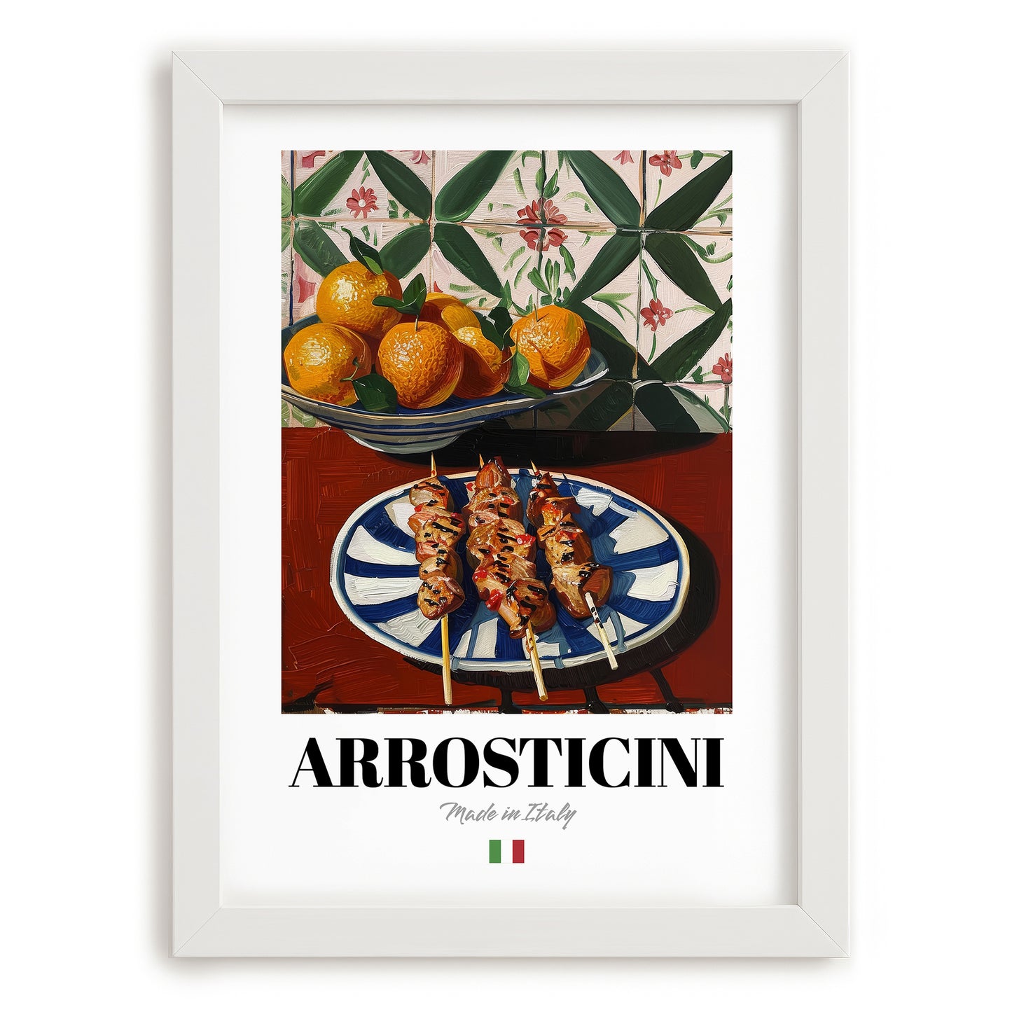 Arrosticini – Italian Meat Dish, Tavern Illustration, placed in minimal white frame