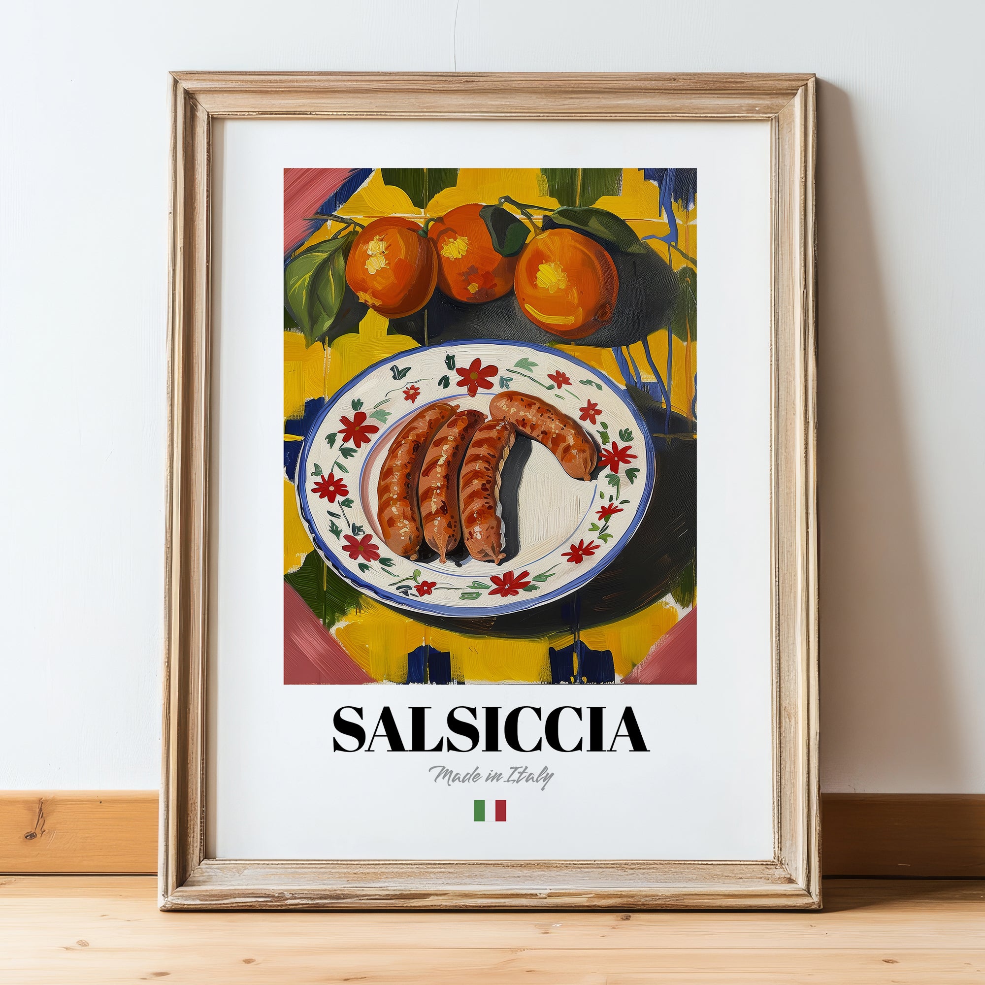 Salsiccia – Italian Meat Dish, Food Bar Poster, in wooden frame leaning on the floor