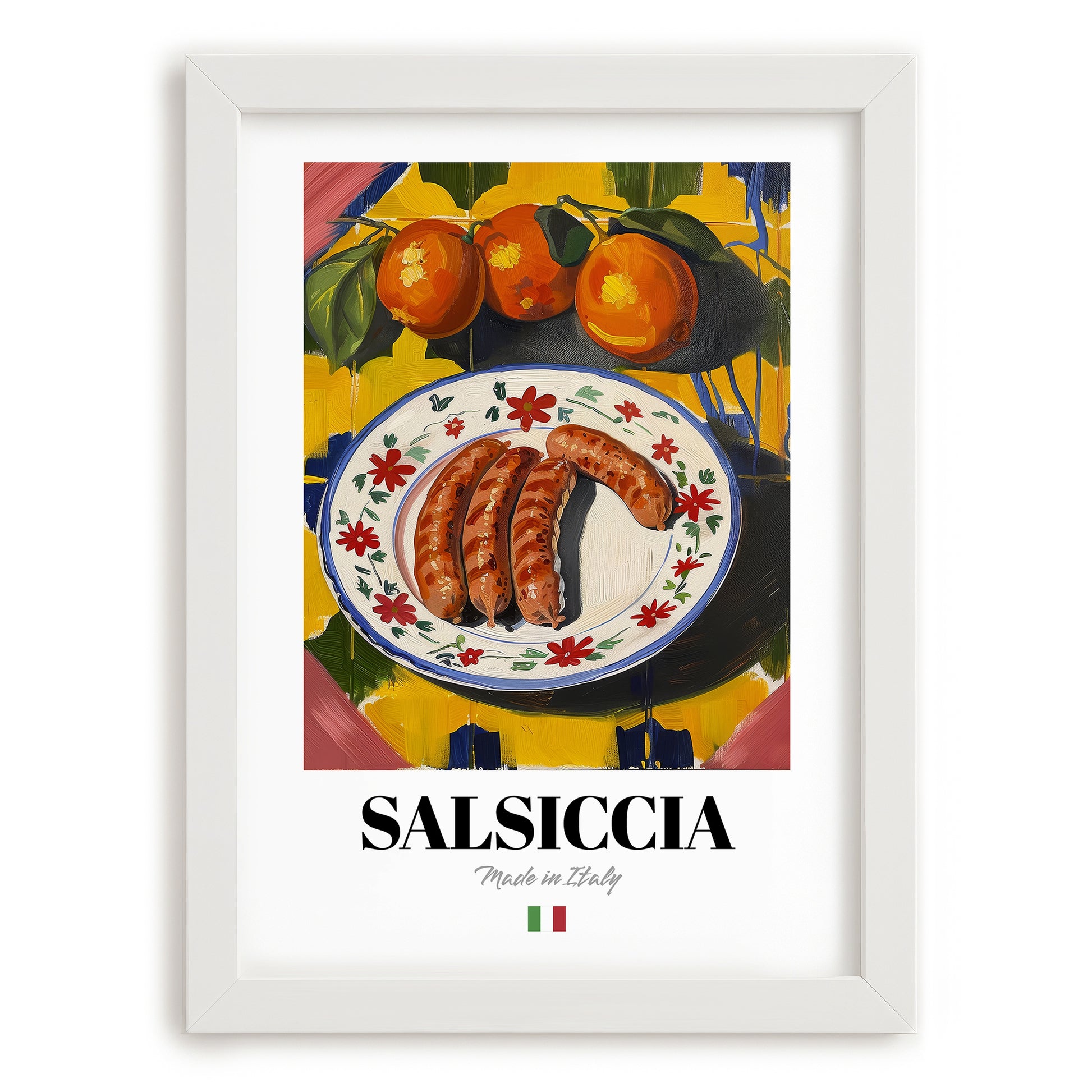 Salsiccia – Italian Meat Dish, Food Bar Poster, placed in minimal white frame