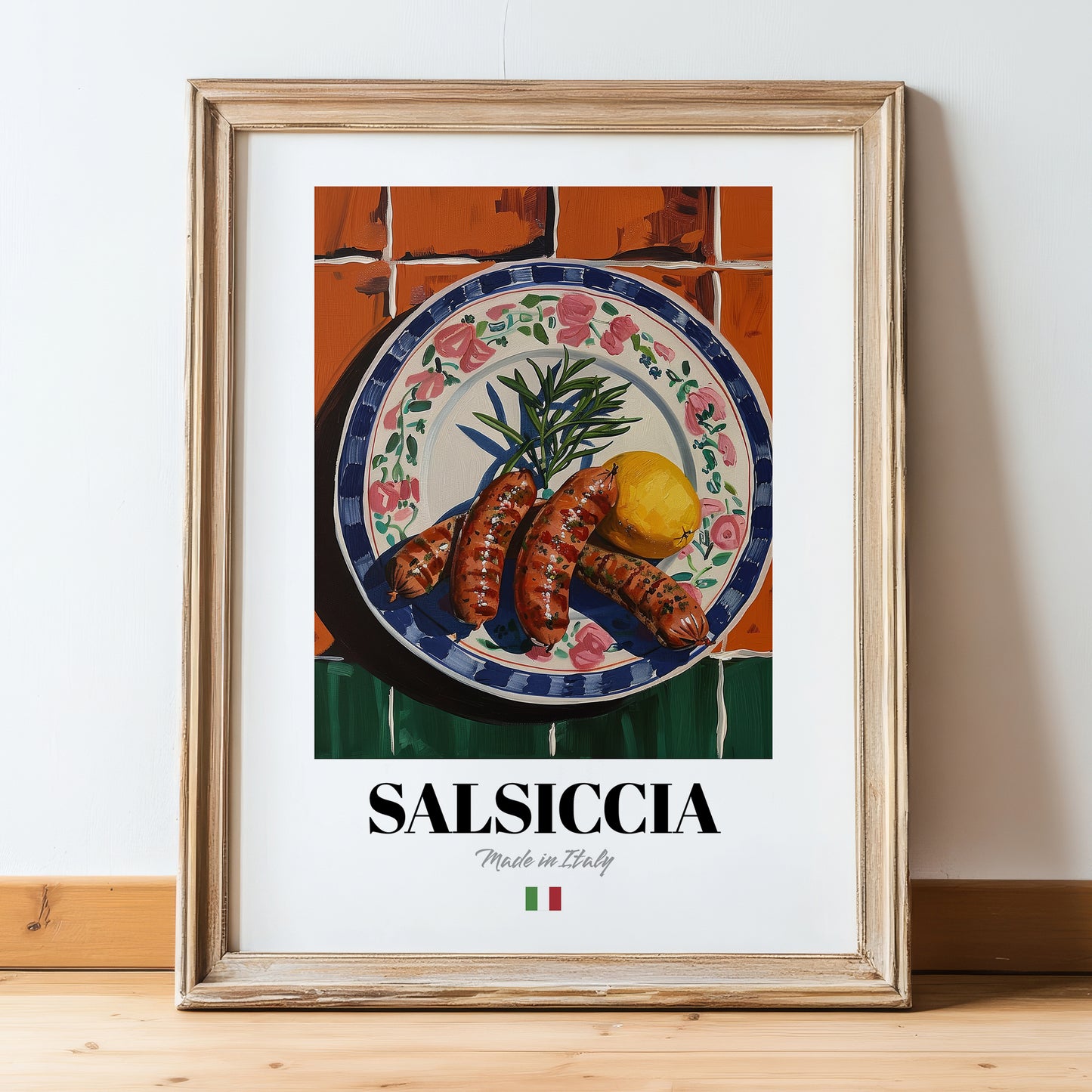 Salsiccia – Italian Meat Dish, Food Bar Still Life, in wooden frame leaning on the floor