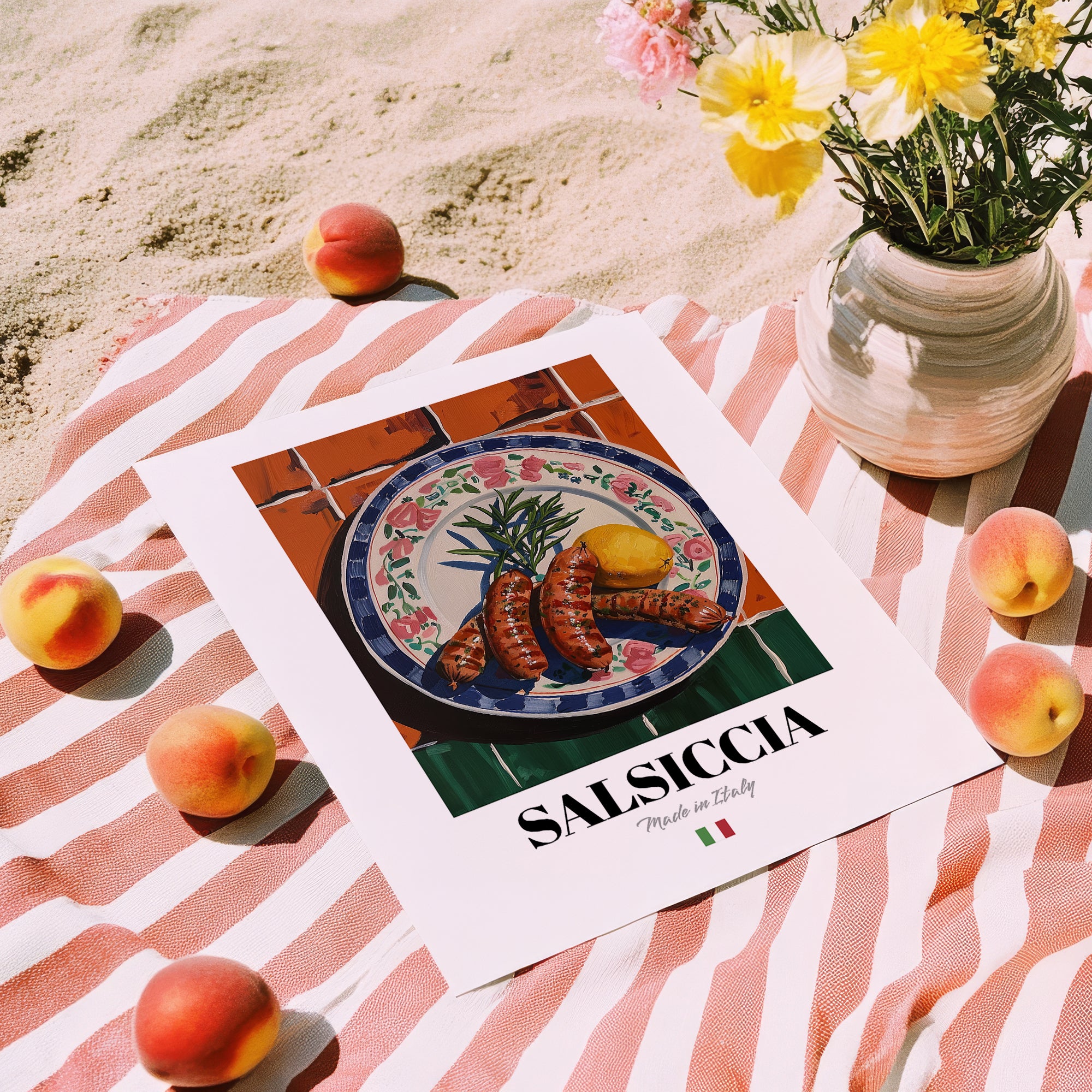 Salsiccia – Italian Meat Dish, Food Bar Still Life, unframed on coastal sand