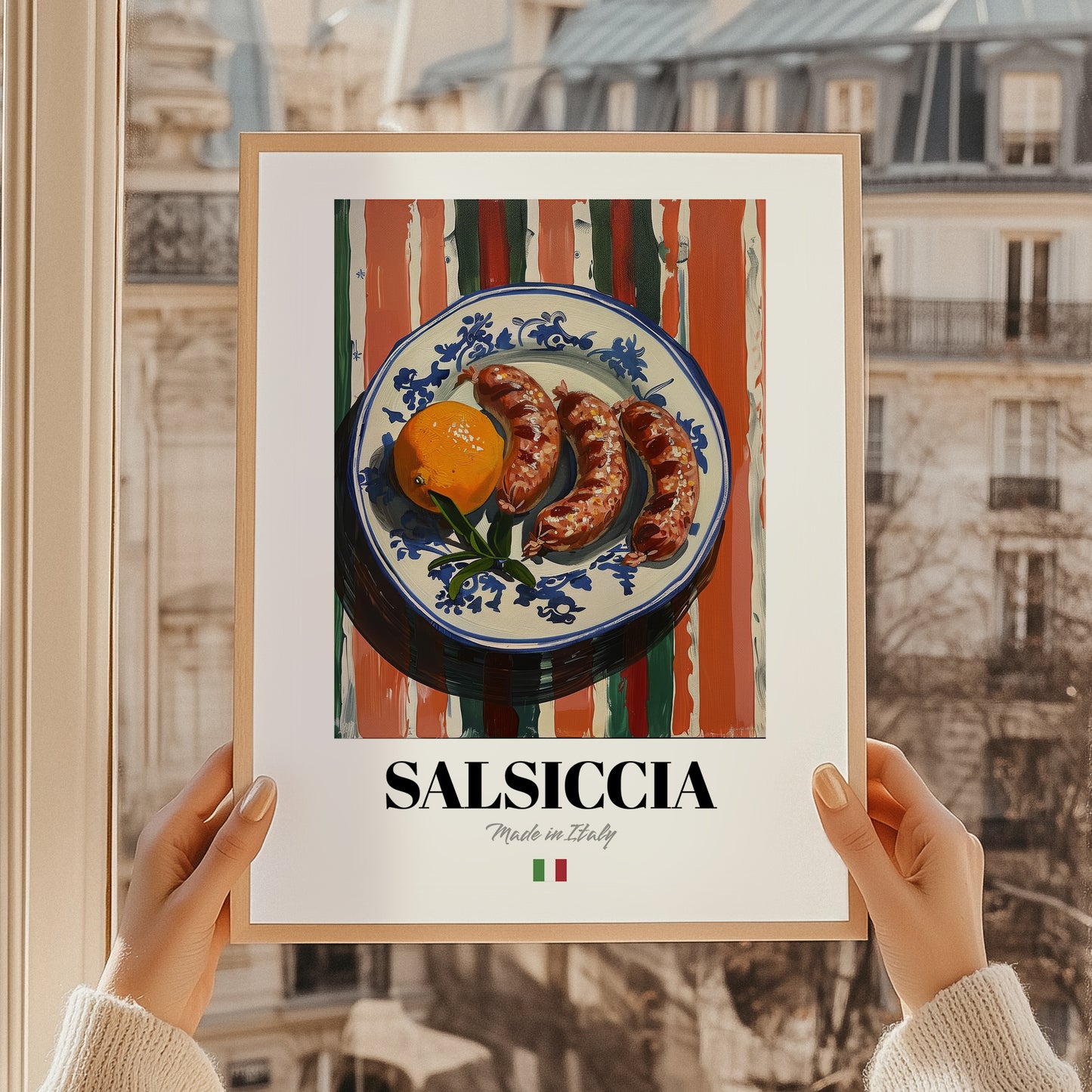 Salsiccia – Italian Meat Dish, Farmhouse Kitchen Wall Decor, styled in a charming Paris street view