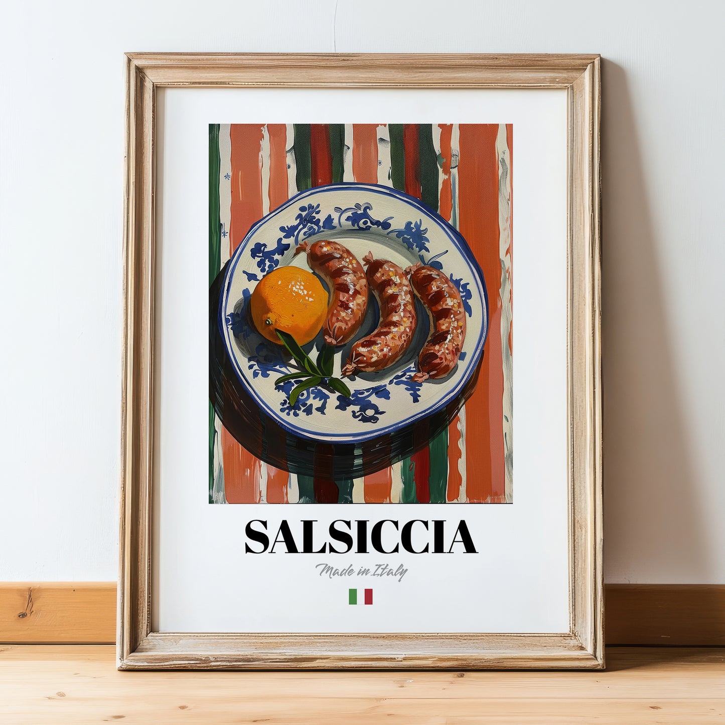 Salsiccia – Italian Meat Dish, Farmhouse Kitchen Wall Decor, in wooden frame leaning on the floor