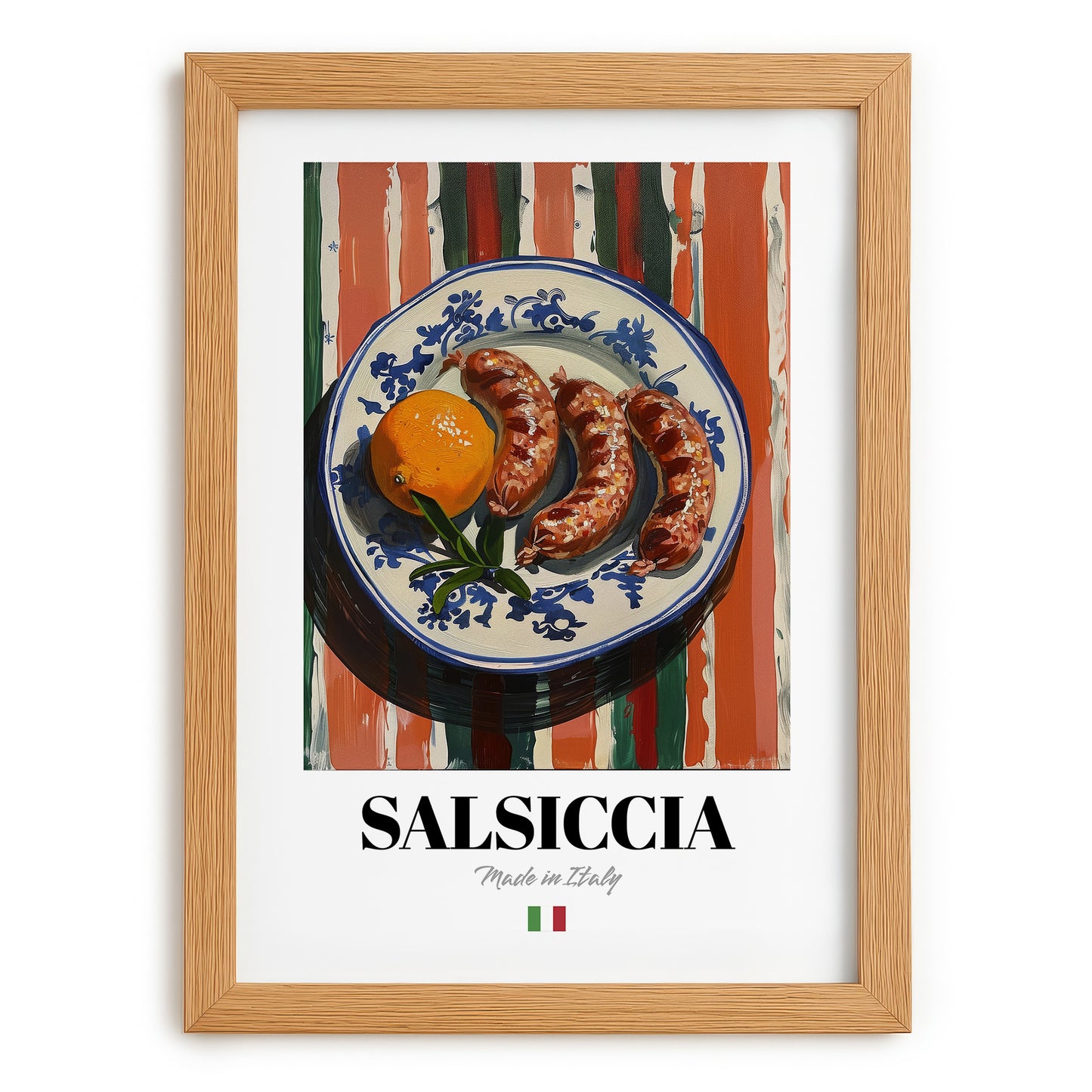 Salsiccia – Italian Meat Dish, Farmhouse Kitchen Wall Decor, set in oak frame