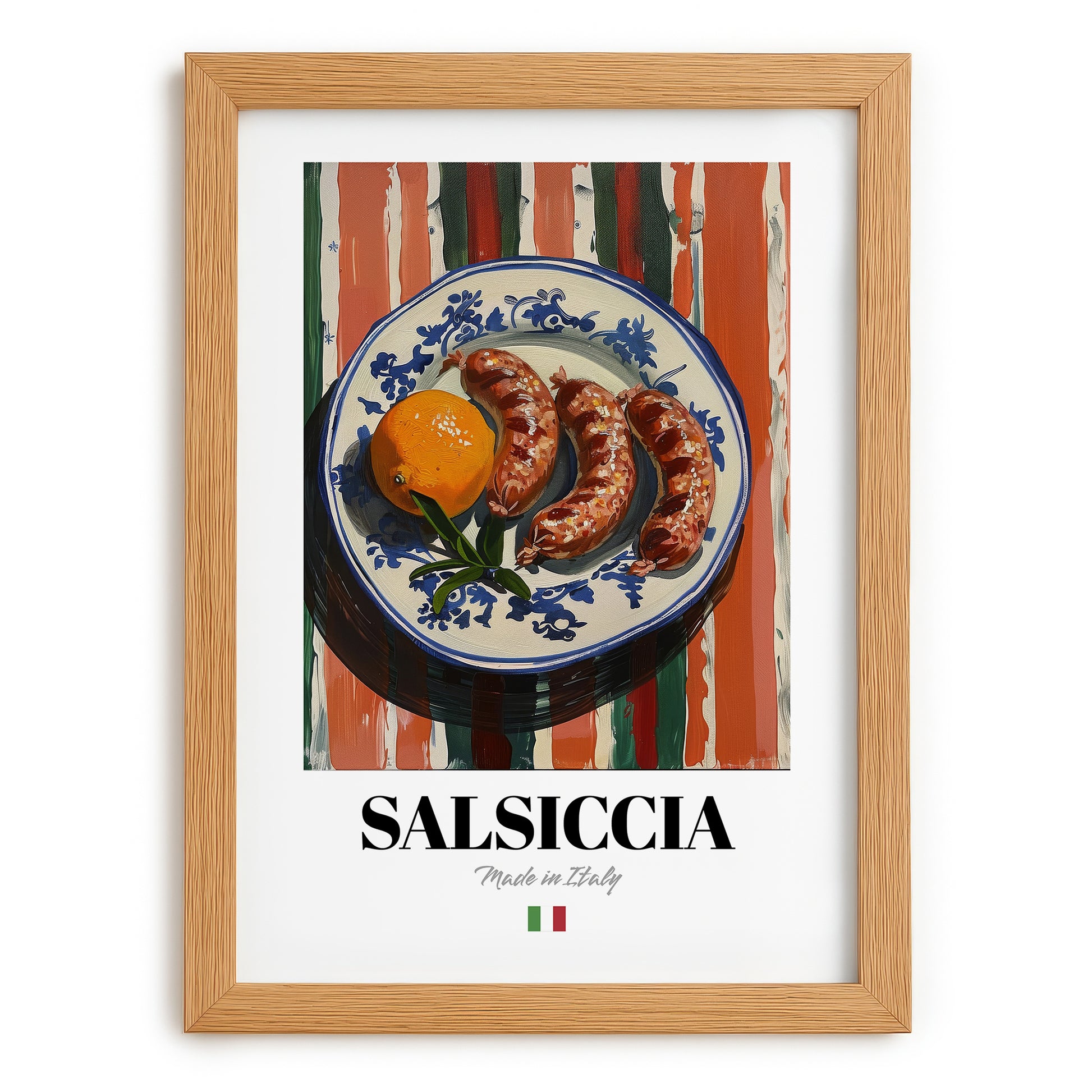 Salsiccia – Italian Meat Dish, Farmhouse Kitchen Wall Decor, set in oak frame