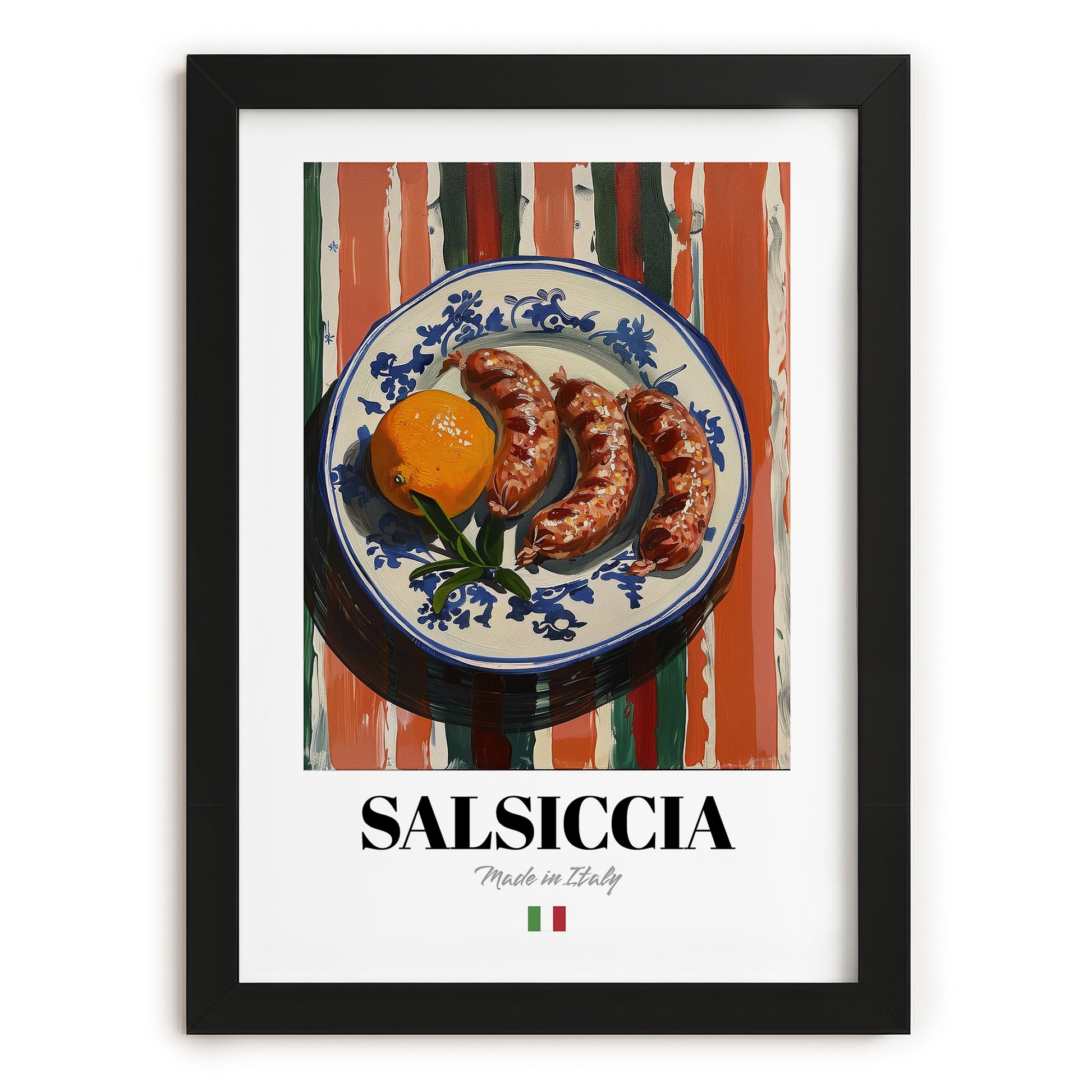 Salsiccia – Italian Meat Dish, Farmhouse Kitchen Wall Decor, in sleek black frame