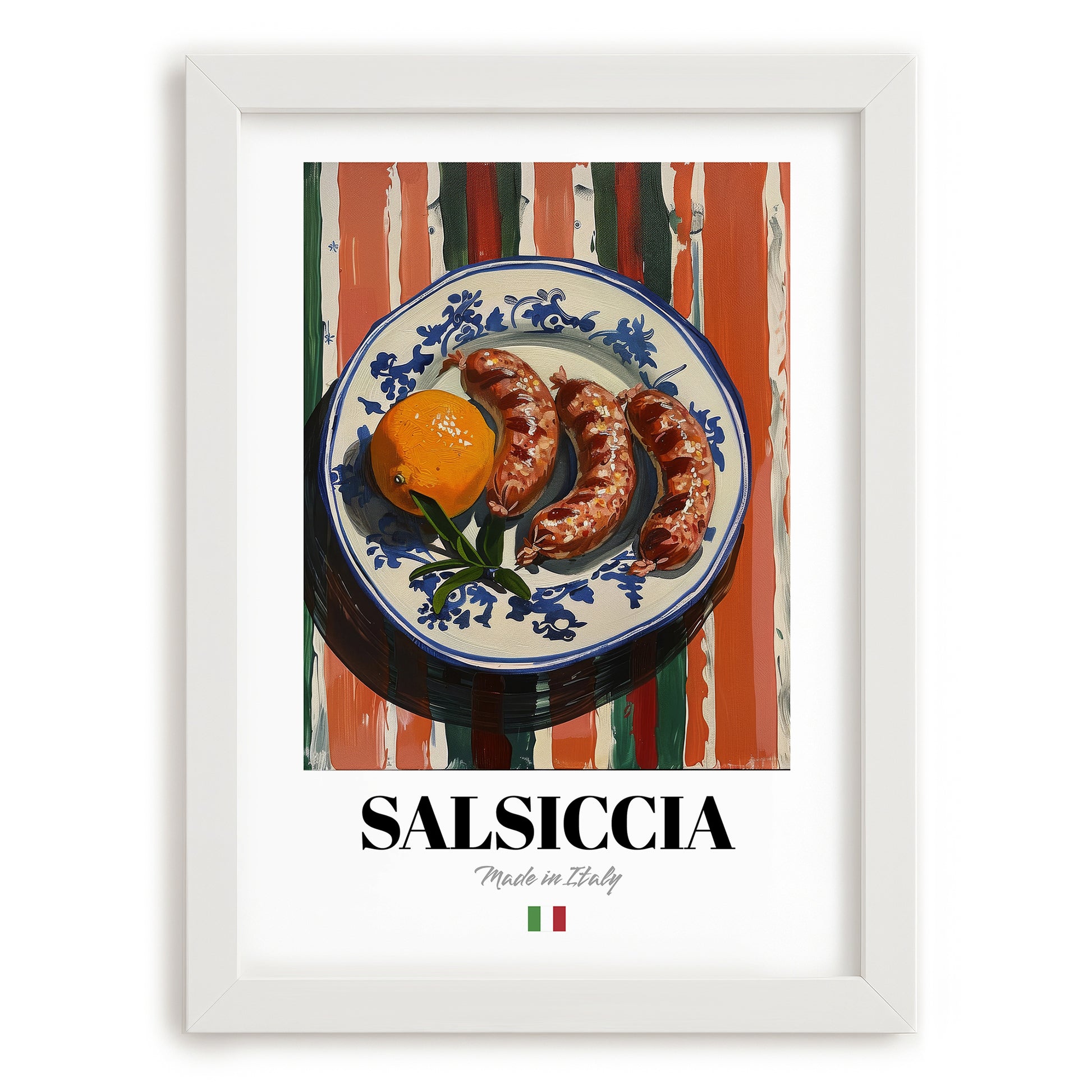 Salsiccia – Italian Meat Dish, Farmhouse Kitchen Wall Decor, placed in minimal white frame