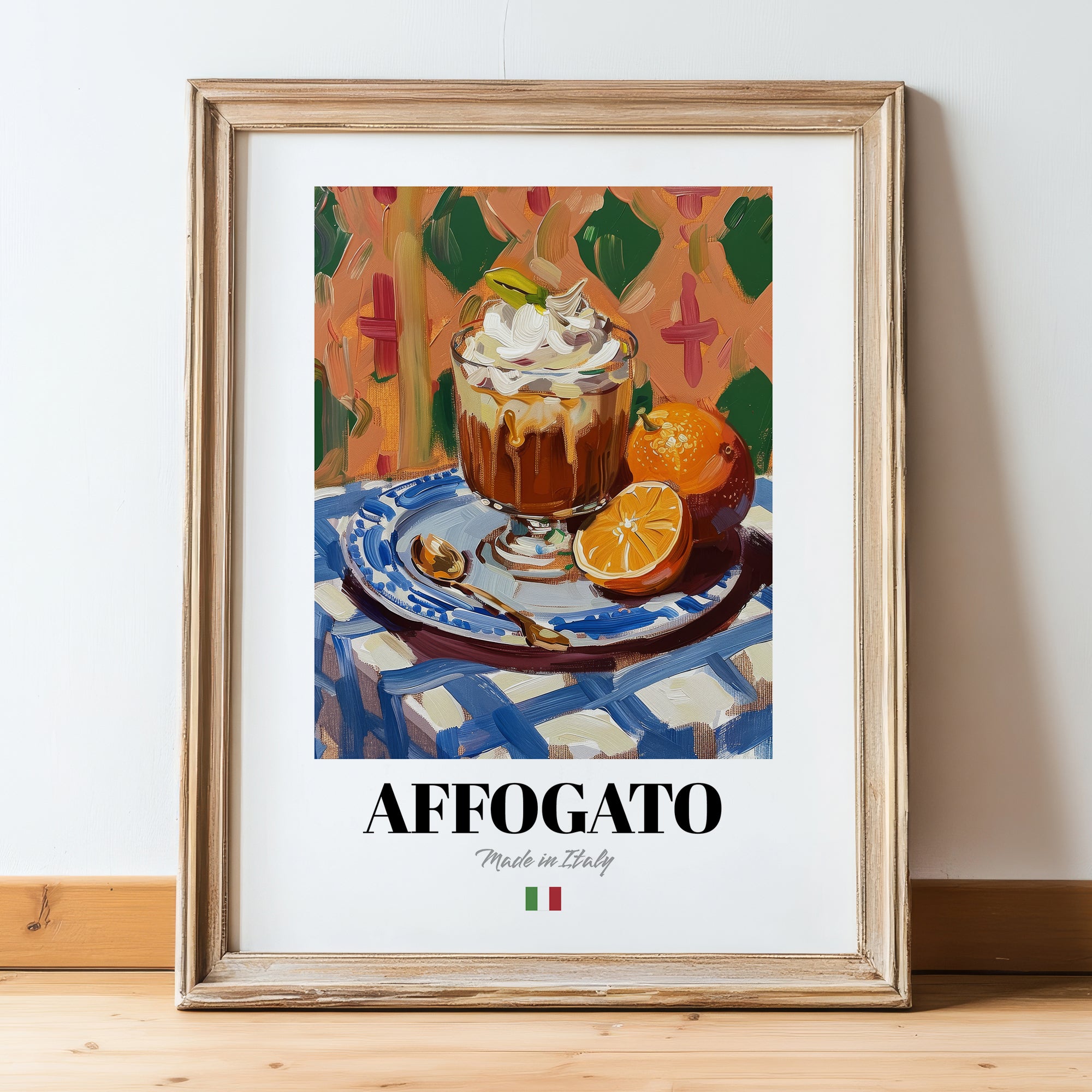 Affogato – Italian Dessert Dish, Tavern Print, in wooden frame leaning on the floor