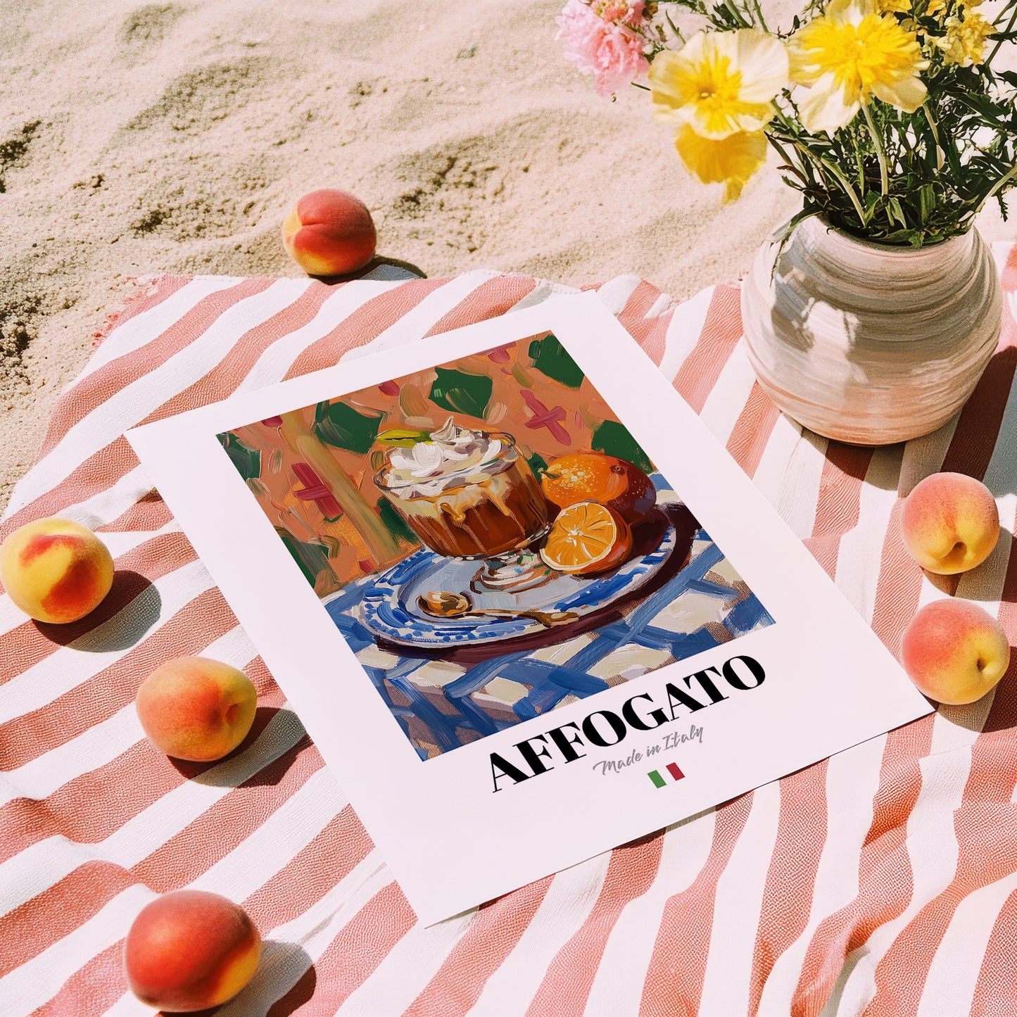 Affogato – Italian Dessert Dish, Tavern Print, unframed on coastal sand