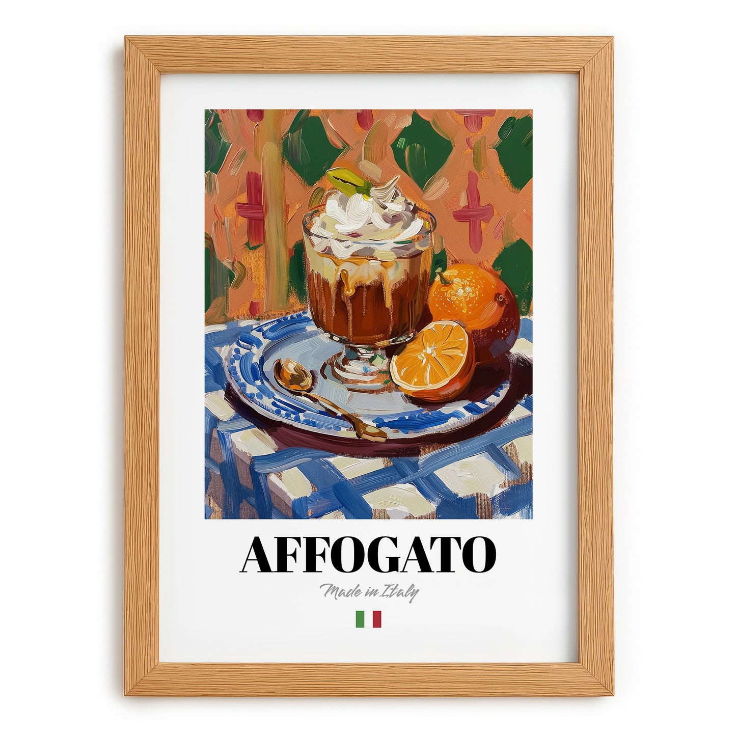 Affogato – Italian Dessert Dish, Tavern Print, set in oak frame