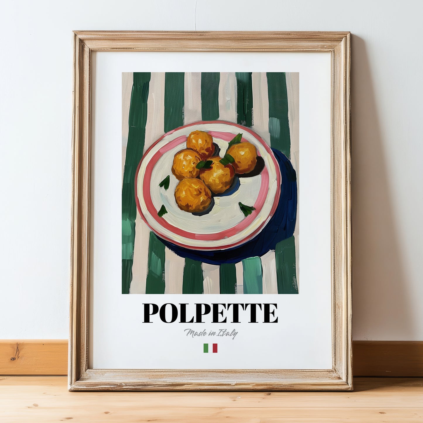 Polpette – Italian Snack Dish, Restaurant Still Life, in wooden frame leaning on the floor
