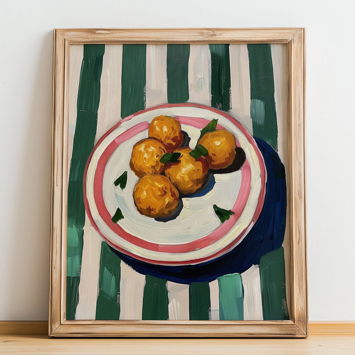 Polpette – Italian Snack Dish, Restaurant Still Life, no-text version framed in wood