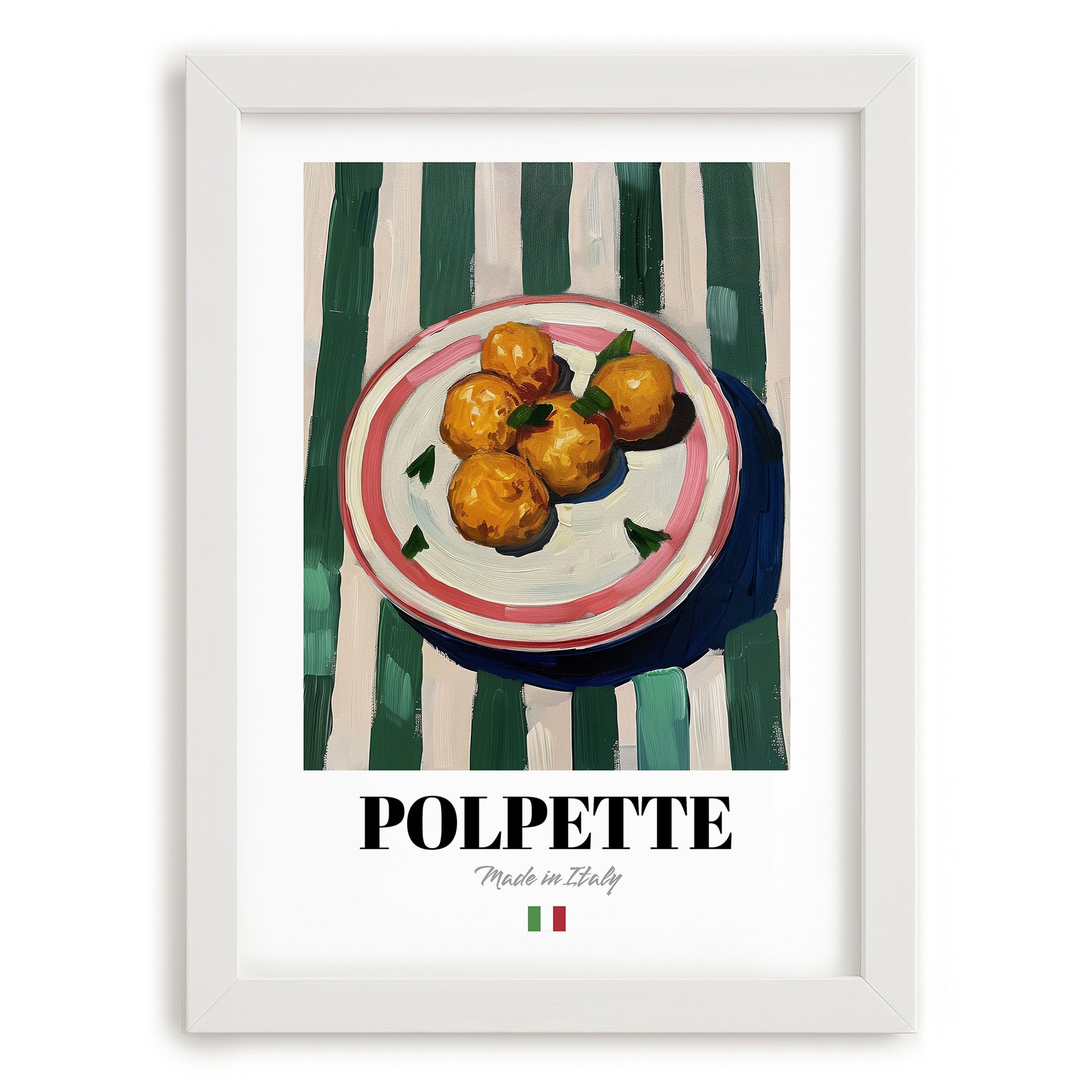 Polpette – Italian Snack Dish, Restaurant Still Life, placed in minimal white frame