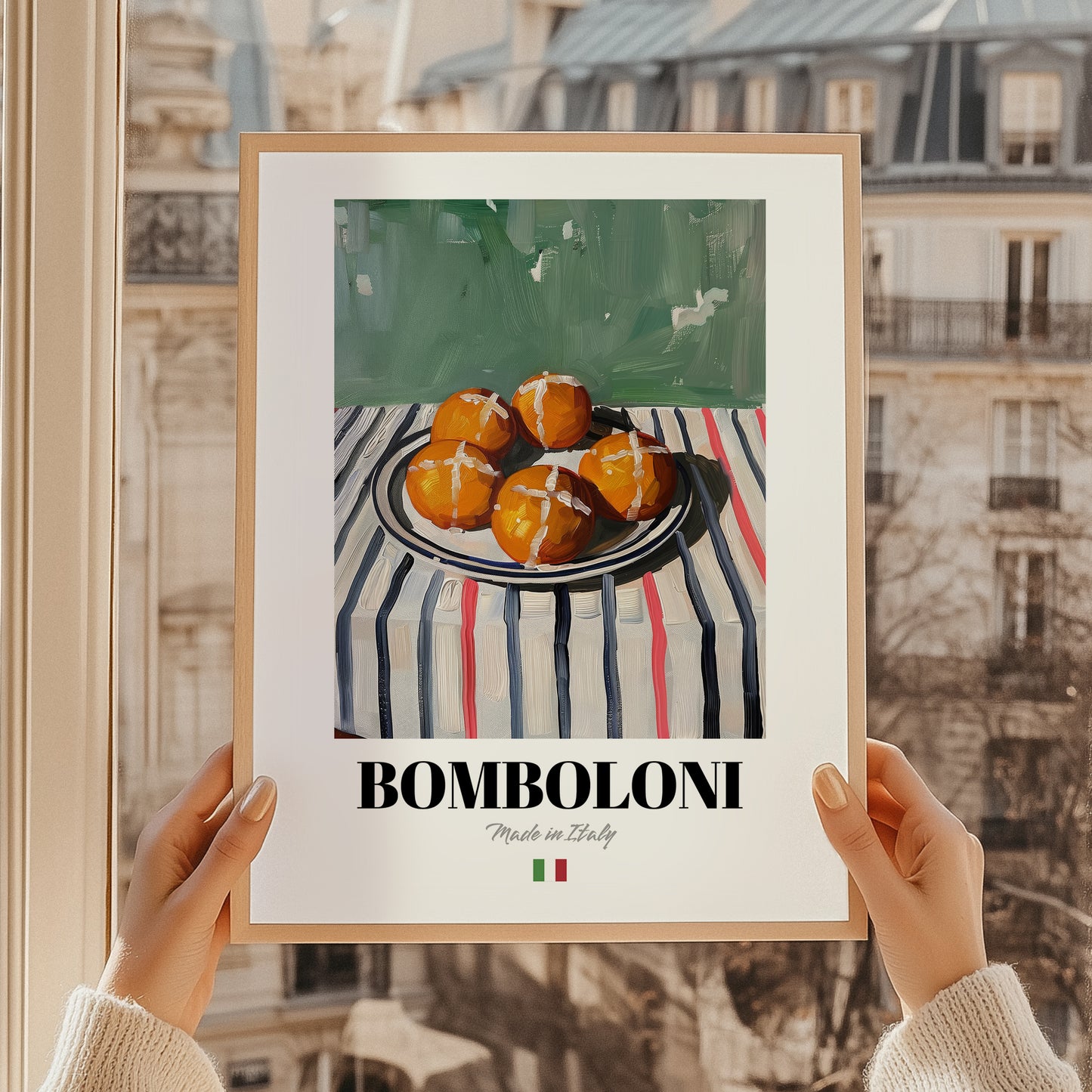 Bomboloni – Italian Pastry Dish, Café Poster, styled in a charming Paris street view