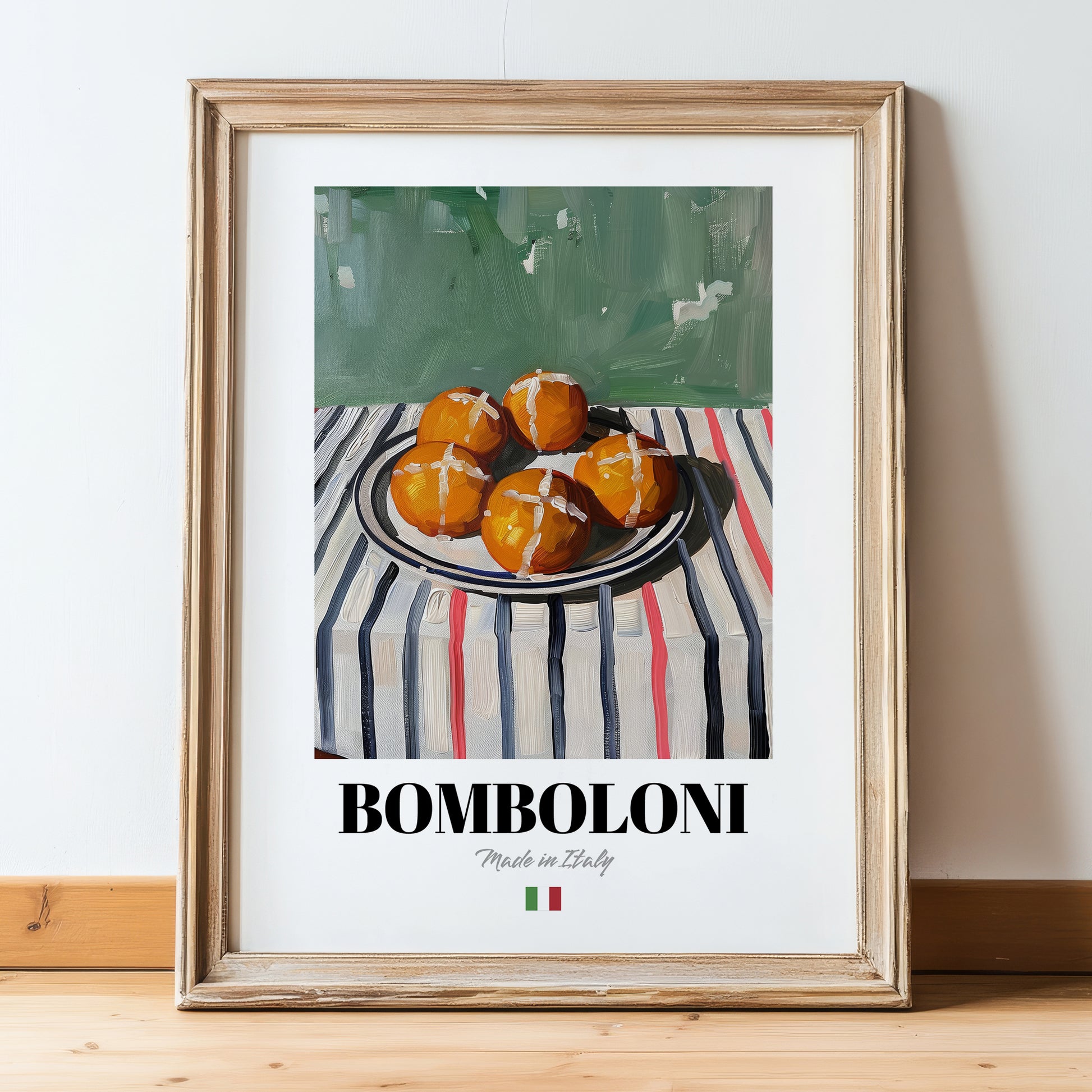 Bomboloni – Italian Pastry Dish, Café Poster, in wooden frame leaning on the floor