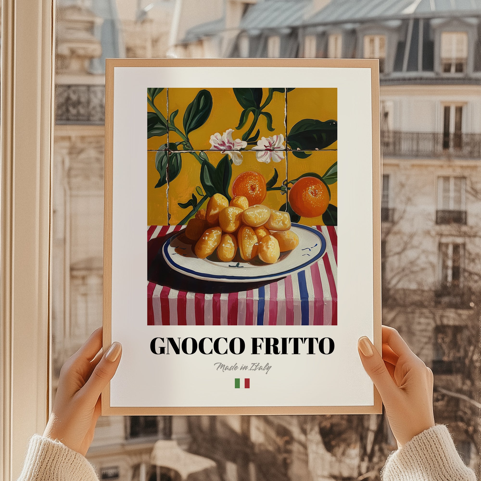 Gnocco fritto – Italian Snack Dish, Fine Dining Restaurant Print, styled in a charming Paris street view