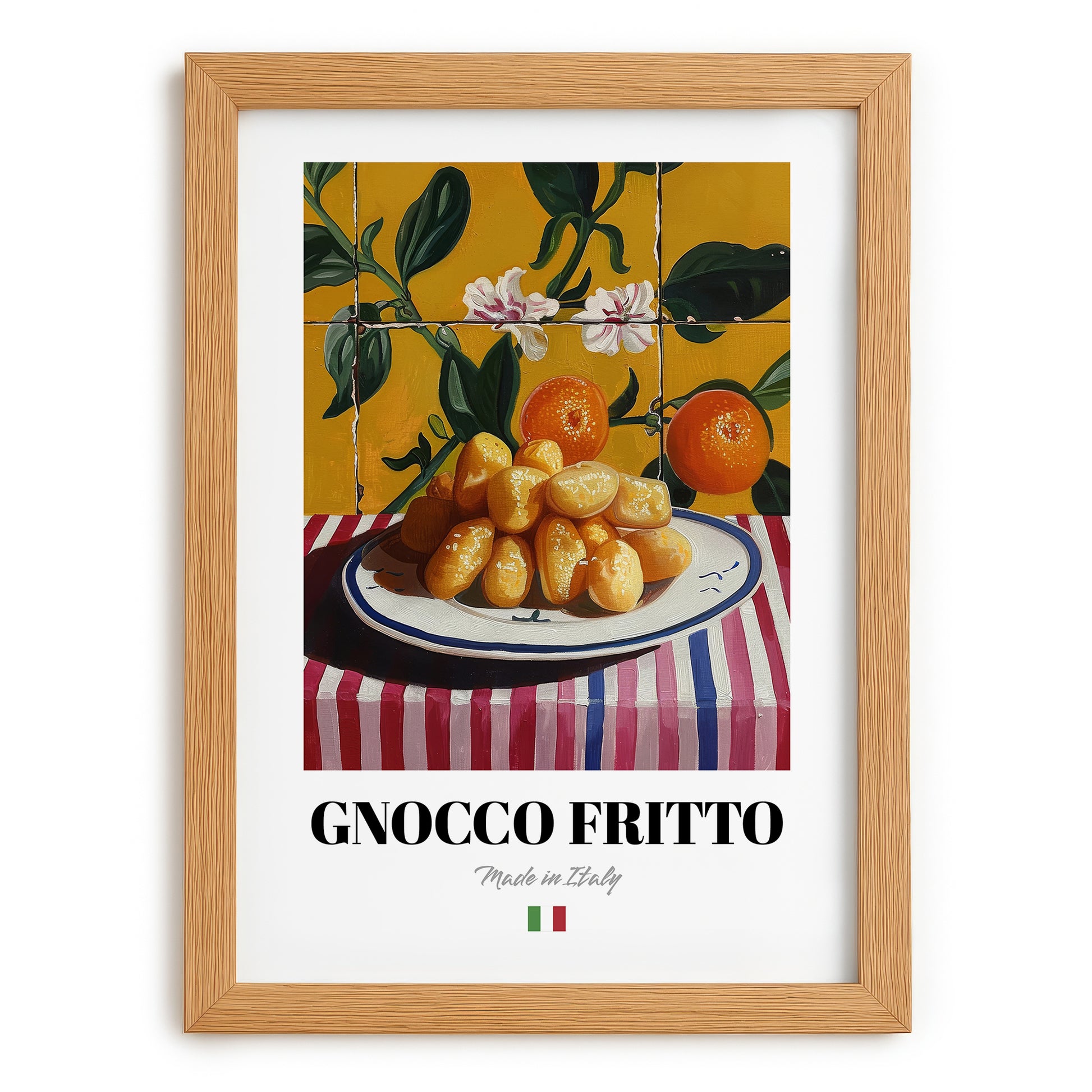 Gnocco fritto – Italian Snack Dish, Fine Dining Restaurant Print, set in oak frame