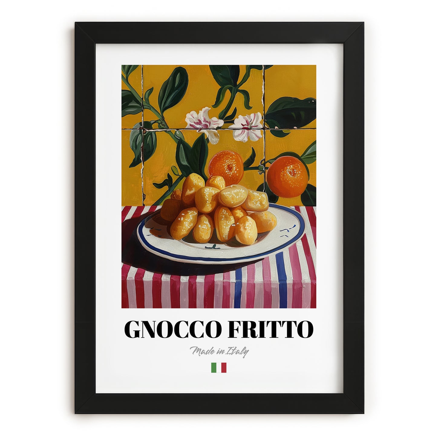 Gnocco fritto – Italian Snack Dish, Fine Dining Restaurant Print, in sleek black frame