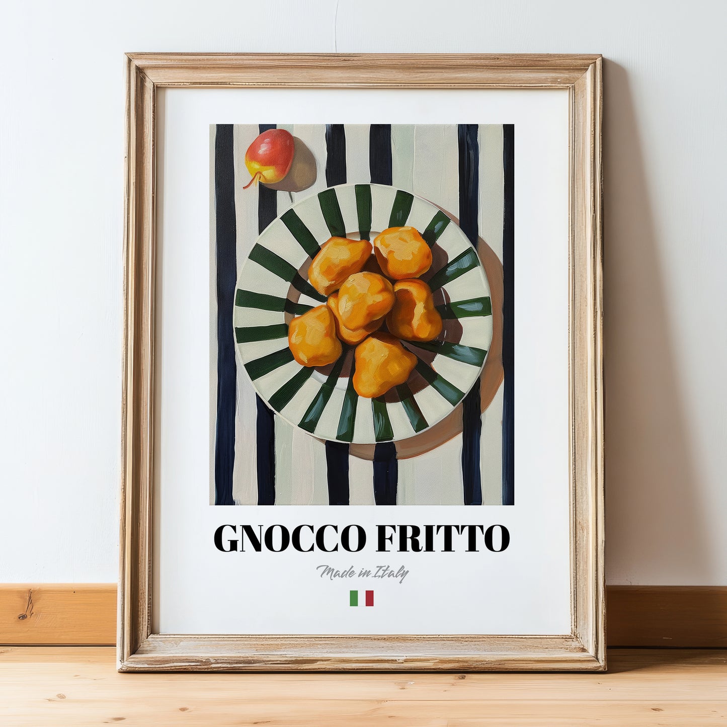 Gnocco fritto – Italian Snack Dish, Tavern Illustration, in wooden frame leaning on the floor