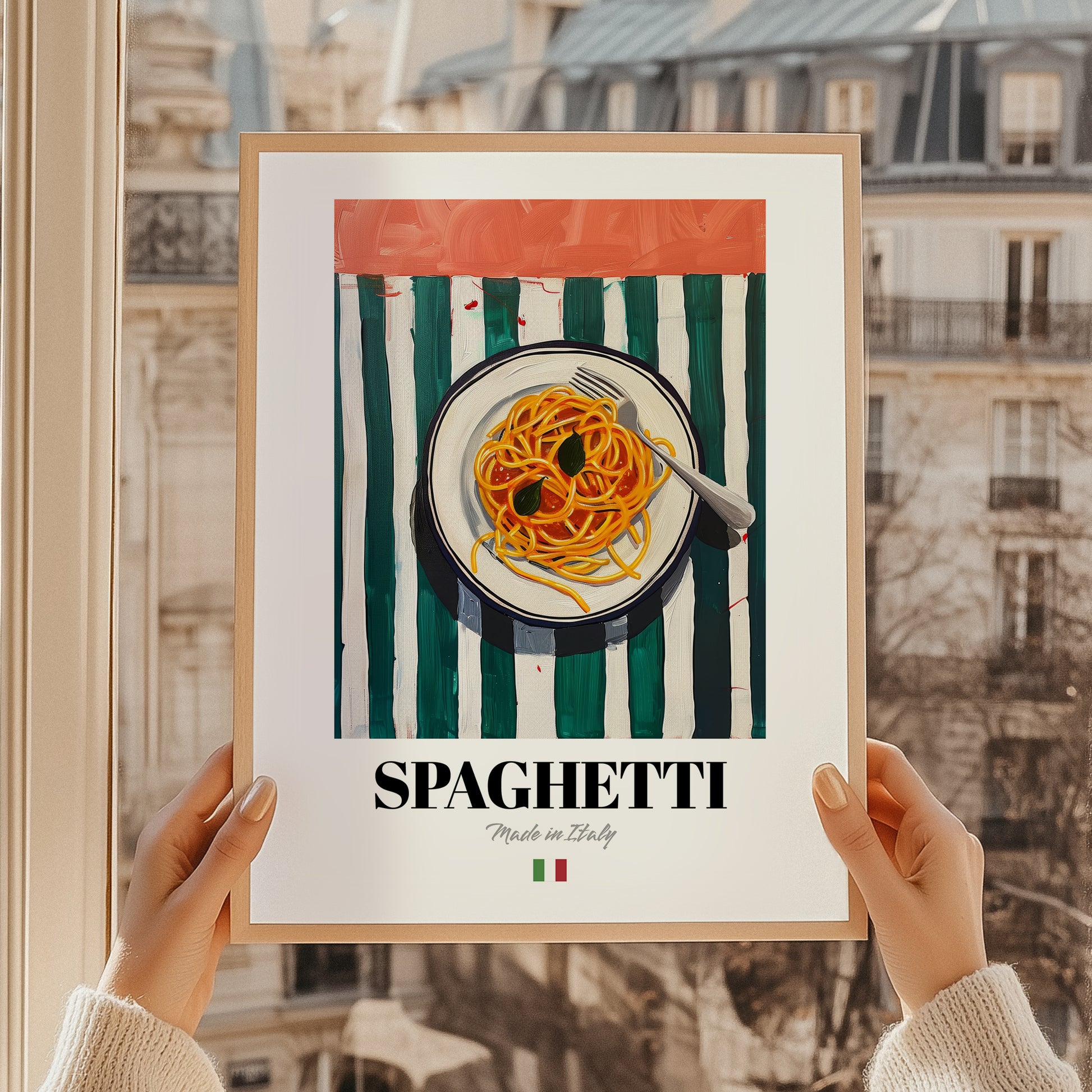 Spaghetti – Italian Pasta, Restaurant Poster, styled in a charming Paris street view