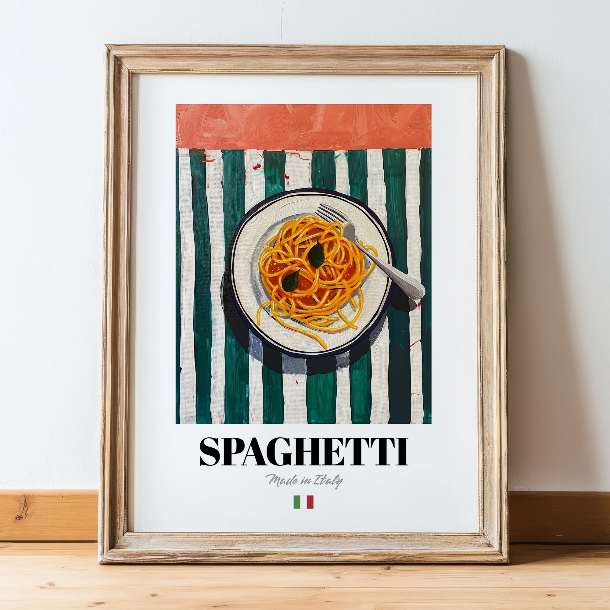 Spaghetti – Italian Pasta, Restaurant Poster, in wooden frame leaning on the floor