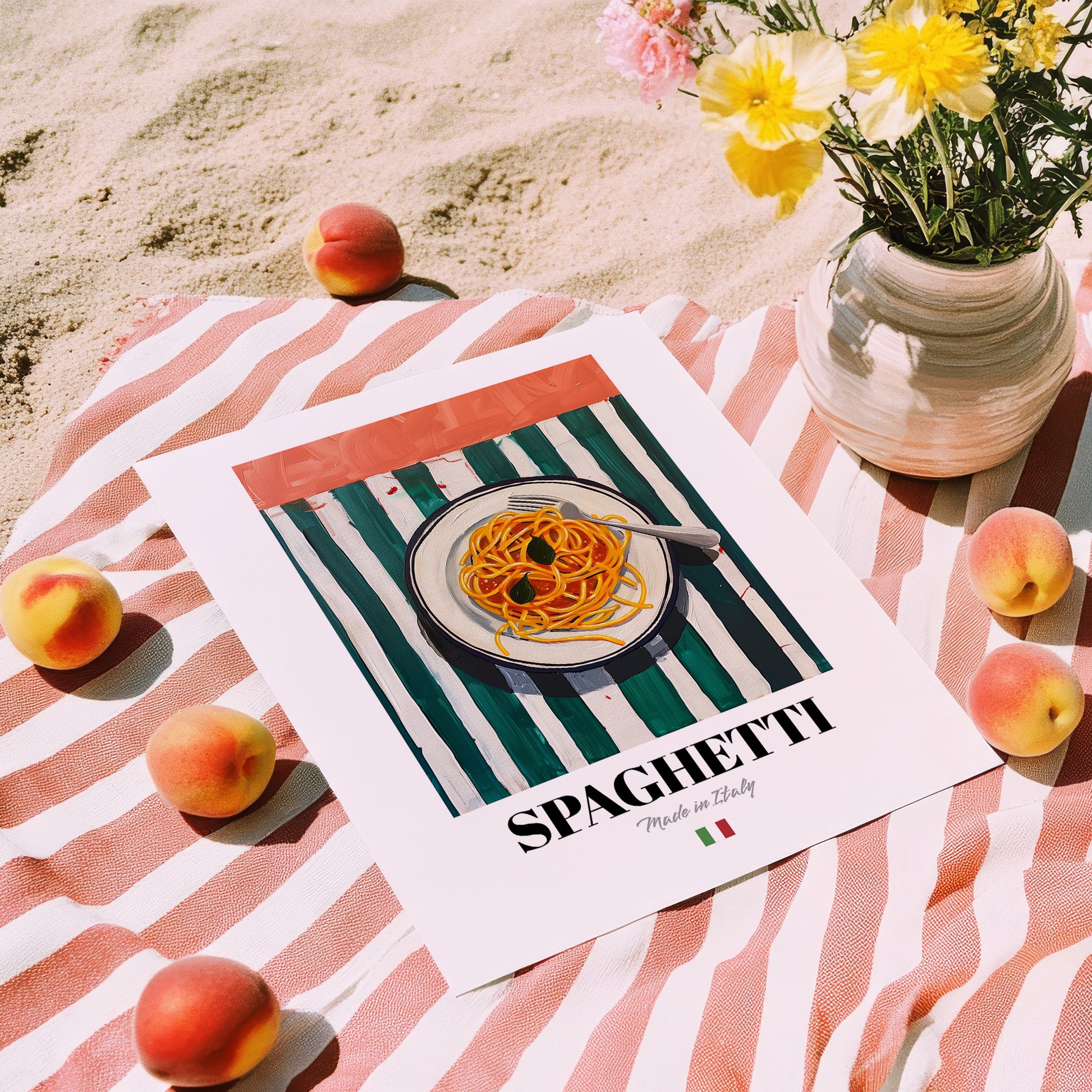 Spaghetti – Italian Pasta, Restaurant Poster, unframed on coastal sand