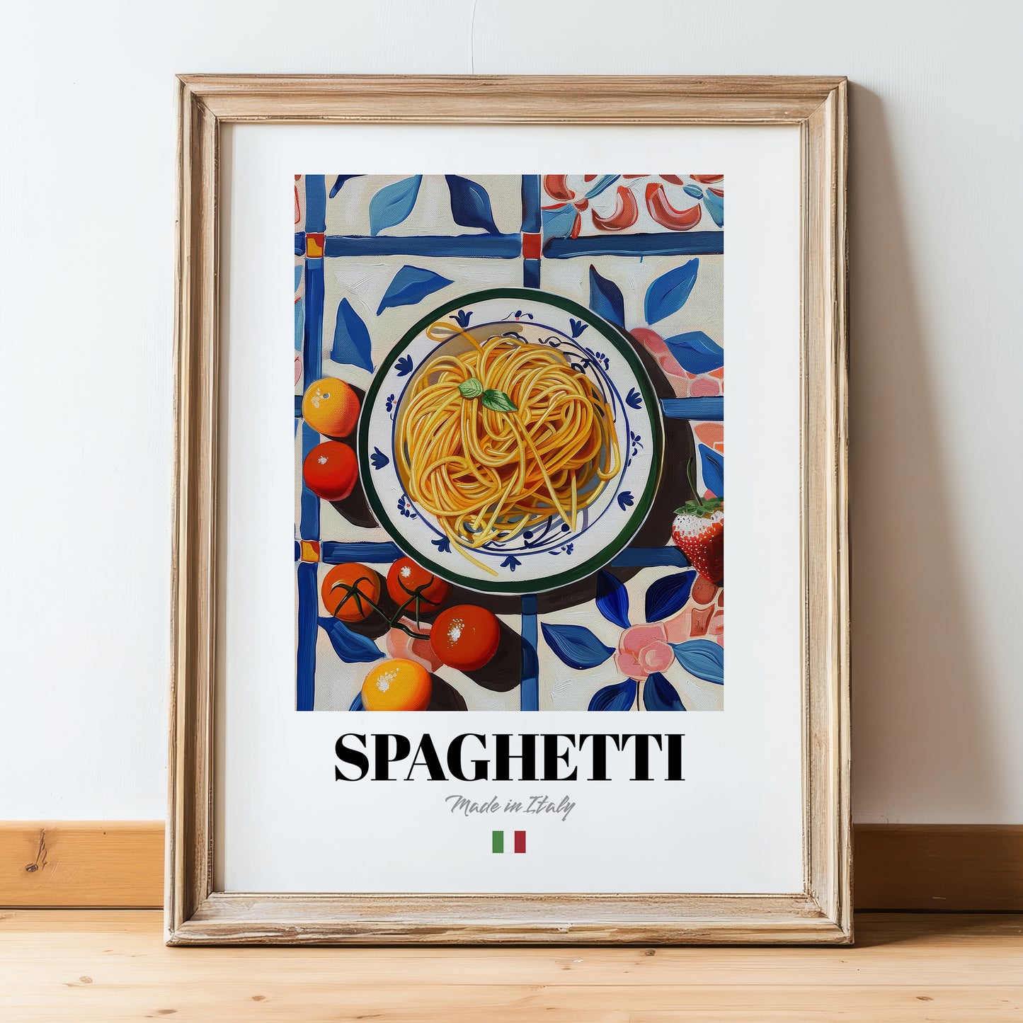 Spaghetti – Italian Pasta, Restaurant Poster, in wooden frame leaning on the floor