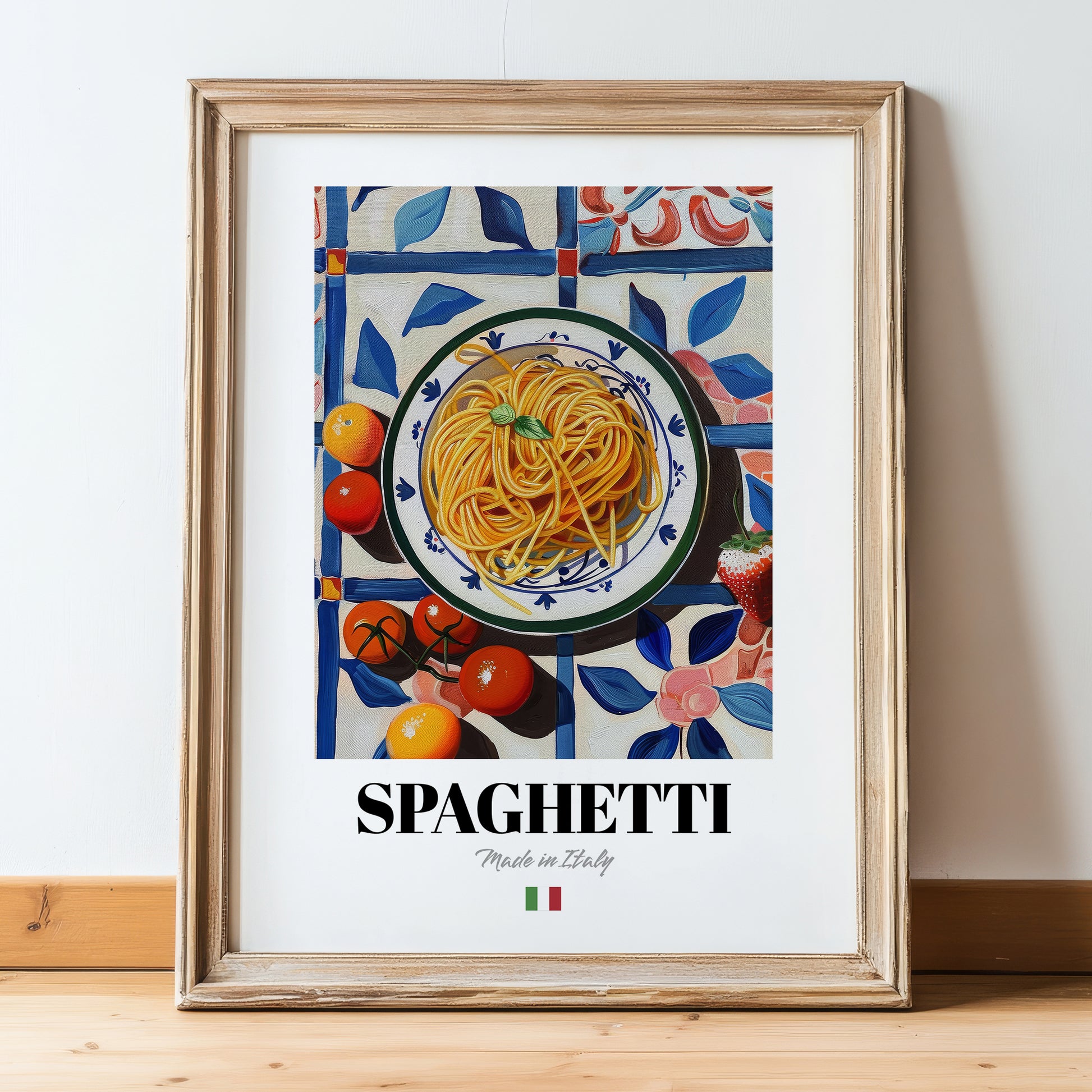 Spaghetti – Italian Pasta, Restaurant Poster, in wooden frame leaning on the floor