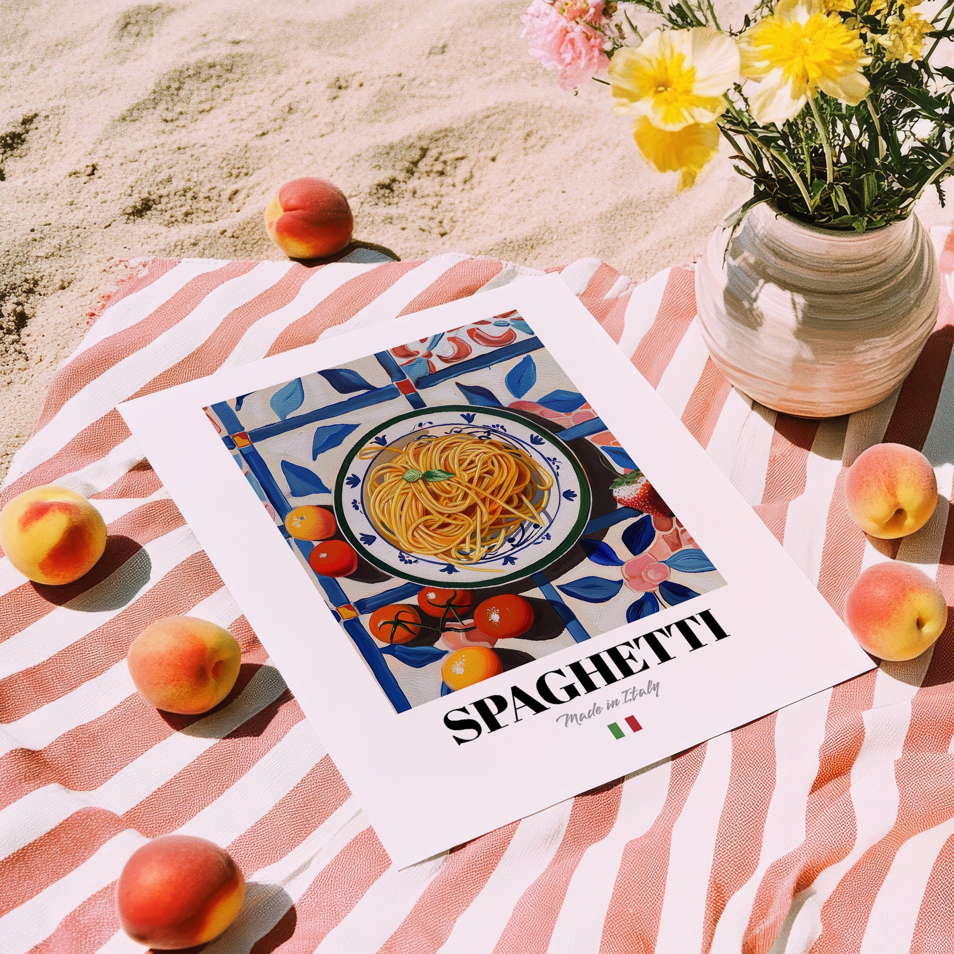 Spaghetti – Italian Pasta, Restaurant Poster, unframed on coastal sand